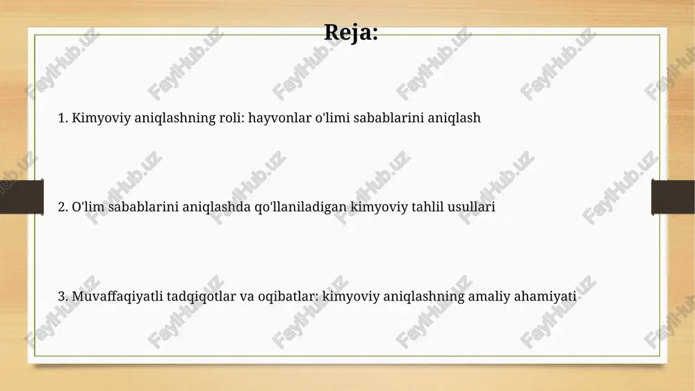ujayralar o'limiga olib kelishi mumkin. kadmiy (cd) zaharlanishi hayvonlarda buyrak shikastlanishiga sabab bo'lishi mumkin, chunki kadmiy buyrak to'qimalarida to'planib, ularning tuzilishini buzadi. veterinariya preparatlari qoldiqlari veterinariya preparatlari qoldiqlari hayvon toʻqimalarida 10 mkg/kg dan oshib ketsa, bu qoldiqlarning toksik taʼsiri sababli oʻlimga olib kelishi mumkin. antibiotiklar, masalan, tetratsiklinlar, veterinariya preparatlari qoldiqlari sifatida aniqlansa, bu hayvonlarda allergik reaksiyalar va ichak mikroflorasining buzilishiga olib keladi. botulizm toksinini aniqlash botulizm toksinini aniqlashda sichqon bioassay usuli qo'llaniladi, unda sichqonlarga namunalar kiritiladi va 12-72 soat ichida botulizmga xos falaj alomatlari kuzatiladi. elisa (enzim bilan bog'langan immunosorbent tahlil) botulizm toksinini aniqlash uchun ishlatiladigan serologik usuldir, u toksinning mavjudligini aniqlash uchun antitelolardan foydalanadi. o'simlik toksinlari o'simlik toksinlari hayvonlarning o'limiga sabab bo'lishi mumkin, masalan, zaharli o'simliklardagi alkaloidlar yoki glikozidlar, ularning konsentratsiyasi 0.05-0.5 mg/kg vaznida xavfli bo'lishi mumkin. nitratlar (no3-) kabi o'simlik toksinlari hayvonlarda methemoglobinemiyaga olib kelishi mumkin. bunda qonda kislorod tashish qobiliyati kamayadi, ayniqsa, 10-20 ppm konsentratsiyada xavfli. patologik …