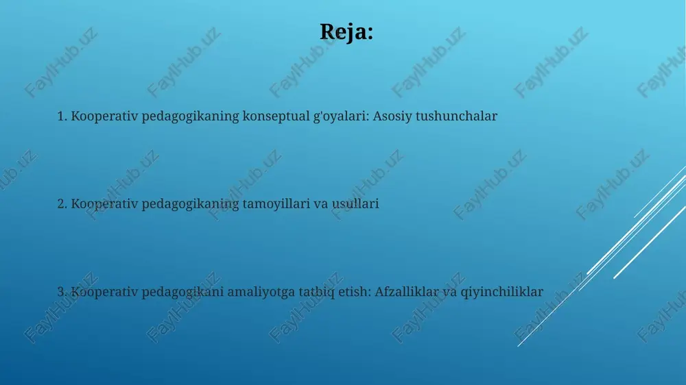adlariga erishishda 50-50 hissa qo'shadi, boshqa a'zolarni qo'llab-quvvatlaydi. hamkorlik ta'limida o'quvchi 70% bilim olish, 20% mustaqil fikrlash va 10% muammolarni hal qilish orqali faol o'rganish pozitsiyasini egallaydi. hamkorlikda o'qitish usullari va texnikalari “arra zanjiri” usuli 4-5 kishilik guruhlarda o’quv materialini bo’lish va har bir a’zo o’z qismini o’rganib, keyin guruhga o’rgatish orqali o’zlashtirishni rag’batlantiradi. “bumerang” texnikasi talabalarga yangi ma’lumotni taqdim etish, so’ngra ekspert guruhlarida muhokama qilish va yakuniy xulosani sinfga taqdim etishni o’z ichiga oladi, bu 3 bosqichdan iborat jarayondir. guruhlarda ishlashning afzalliklari va kamchiliklari guruh ishi ko'pincha turli xil fikrlar va yondashuvlarni birlashtirib, 1+1=3 tamoyili asosida ijodiy echimlarni topishga yordam beradi. bu esa, 15% dan 20% gacha muvaffaqiyatni oshirishi mumkin. kamchiliklar orasida ba'zan 'bepul yo'lovchi' effekti kuzatiladi, unda 20% gacha a'zolar guruhning umumiy yukini ko'tarishda faol ishtirok etmaydi, bu esa samaradorlikni pasaytiradi. hamkorlik ta'limida baholash mezonlari hamkorlik taʼlimida baholash mezonlari talabalarning 70% umumiy topshiriqni tushunishini, 20% oʻzaro yordamini va …