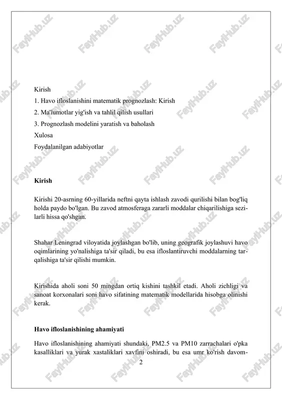 mollik va tasodifiy o'zgaruvchanlikni hisobga oladi, masalan, monte-karlo simulyatsiyasi 1000 marta takrorlanishi mumkin. ma'lumotlar yig'ish va tayyorlash ma’lumotlar to’plashda sensor ma’lumotlari, meteorologik o’lchovlar va transport harakati intensivligi kabi turli xil manbalardan olingan tarixiy ma’lumotlar to’plamidan foydalaniladi. ma’lumotlarni tayyorlashda ekstremal qiymatlarni aniqlash va ularni tozalash, shuningdek, vaqt seriyalarini to’g’rilash orqali ma’lumotlar sifatini oshirish muhim ahamiyatga ega. sun’iy neyron tarmoqlari kabi murakkab modellar uchun ma’lumotlar 0 va 1 orasida normallashtiriladi, bu esa modelning aniqligini oshirishga yordam beradi. vaqt seriyalari tahlili vaqt seriyalari tahlili o'tmishdagi ma'lumotlar asosida kelajakdagi qiymatlarni bashorat qilish uchun ishlatiladigan statistika usulidir, masalan, havo ifloslanish darajasini 24-48 soat oldin aniqlash. autokorrelyatsiya funktsiyasi (acf) va qisman autokorrelyatsiya funktsiyasi (pacf) vaqt seriyasidagi ma'lumotlar orasidagi bog'liqlik darajasini aniqlashda yordam beradi, bu esa arima modellari uchun muhim. ekponensial silliqlash usullari, masalan, holt-winters usuli, vaqt seriyalari tahlilida mavsumiylikni hisobga oladi va havo ifloslanishining yillik yoki oylik o'zgarishlarini modellashtirishda qo'llanilishi mumkin. regressiya modellari regressiya modellari havo …