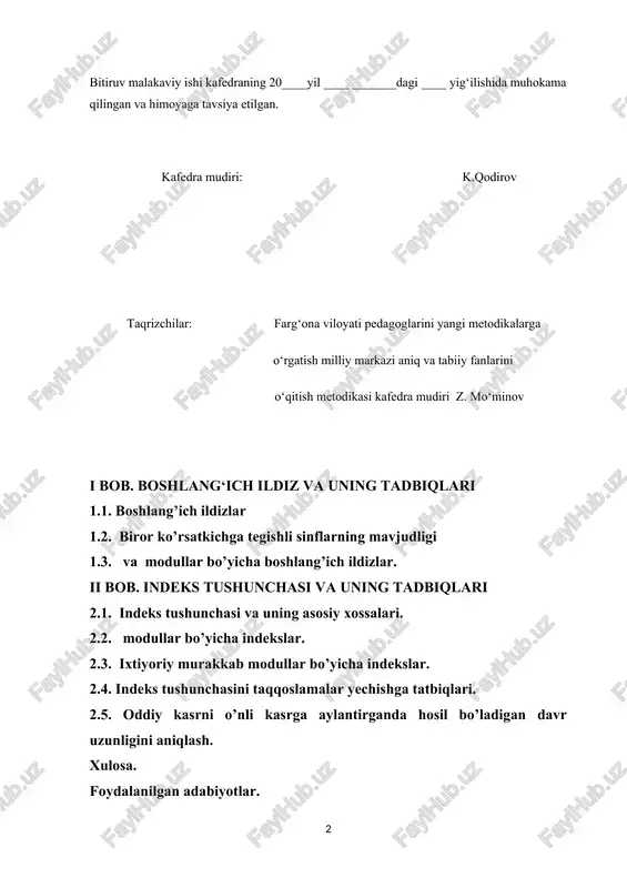 ‘zining ahamiyatini saqlab kelmoqda. hozirgi zamon matematikasida sonlar nazariyasi oʻzining dolzarbligi va keng qoʻllanilish sohalari bilan ajralib turadi. ayniqsa, sonlarning arifmetik xossalarini chuqur oʻrganish va ularni amaliy masalalarda qoʻllash imkoniyatlari tobora kengayib bormoqda. sonlar nazariyasining asosiy boʻlimlaridan biri boʻlgan boshlangʻich ildizlar va indeks tushunchasi modulli arifmetikaning chuqur oʻrganilishini talab etadi hamda matematik analiz, kriptografiya, kodlash nazariyasi va boshqa koʻplab sohalarda muhim ahamiyat kasb etadi. sonlar nazariyasining rivojlanishi tarixiga nazar tashlaydigan bo‘lsak, bu fanning o‘ziga xos yuksalishi miloddan avvalgi davrlarga borib taqaladi. qadimgi yunon matematikasi va hindiston ilm-fanida sonlar haqidagi dastlabki fikrlar shakllanib, keyinchalik yevropalik olimlarning ulkan kashfiyotlari bilan boyidi. evklid (miloddan avvalgi 300-yillar) o‘zining "elementlar" asarida tub sonlar va ularning xossalari, shuningdek, arifmetik yondashuvlar haqida muhim bilimlar taqdim etdi. shu bilan birga, ferma (1601–1665) va eyler (1707–1783) kabi matematiklar sonlar nazariyasiga asos solganlar va modulli arifmetika tushunchasini yanada rivojlantirib, unga yangi yondashuvlar kiritdilar. boshlang‘ich ildiz va indeks tushunchalari modulli arifmetikaning …