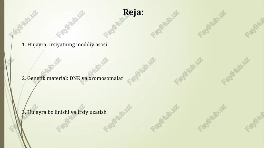 esa, xromosomalar soni 2 barobar kamayadi (n), natijada 4 ta gaploid hujayra hosil bo'ladi; bu jarayon jinsiy ko'payishda genetik xilma-xillikni ta'minlaydi. gen ekspressiyasi: genlardan xususiyatlarga gen ekspressiyasi dnkdagi genetik ma'lumot rna va oqsilga aylantirilishini o'z ichiga oladi. bu jarayon hujayraning fenotipini, ya'ni uning ko'rinadigan xususiyatlarini belgilaydi. transkripsiya fermenti rnk polimeraza dnk zanjirini andoza sifatida ishlatib, mrnk molekulasini hosil qiladi. mrnk ribosomalarga yo'l oladi va u yerda tarjima jarayoni amalga oshiriladi. mutatsiyalar: irsiy o'zgarishlar va evolyutsiya mutatsiyalar dnk ketma-ketligidagi o'zgarishlar bo'lib, ular gen darajasida (nuqtali mutatsiyalar) yoki xromosoma darajasida (xromosoma aberatsiyalari) sodir bo'lishi mumkin. irsiy o'zgarishlar evolyutsiyaning asosiy omili hisoblanadi; tabiiy tanlanish orqali foydali mutatsiyalarga ega organizmlar ko'proq nasl qoldiradi va bu genofondda o'zgarishlarga olib keladi. e'tiboringiz uchun rahmat image1.png image2.jpg image3.jpg image4.jpg image5.jpg image6.jpg image7.jpg image8.jpg