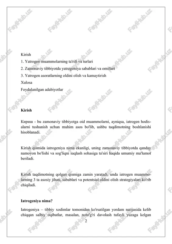 sir ko'rsatadigan shifokorlarning so'zlari yoki xatti-harakatlari natijasida yuzaga kelishi mumkin va 20% hollarda aniqlanadi. diagnostika xatolari diagnostika xatolariga misol: miokard infarktining 10-15% hollatida ekgdagi o'zgarishlar tufayli noto'g'ri tashxis qo'yilishi kuzatiladi, bu esa oqibatlarga olib keladi. o'pka emboliyasini aniqlashdagi xatolik 20-30% gacha yetishi mumkin, chunki d-dimer testlari va kt angiografiya sezuvchanligi har doim ham yuqori emas. saraton kasalliklarini kech aniqlash 5 yillik omon qolish darajasini 50% dan kamaytirishi mumkin, ayniqsa erta bosqichda aniqlash imkoniyati bo'lgan kasalliklarda. dori vositalarining nojo'ya ta'siri ko'pgina dori vositalarining nojo'ya ta'siri doza bilan bog'liq bo'lib, yuqori dozalarda xavf ortadi; masalan, nsaidlar oshqozon-ichak qon ketishiga sabab bo'lishi mumkin. antibiotiklar, ayniqsa keng spektrli antibiotiklar, ichak mikrobiotasini buzishi mumkin, natijada *clostridium difficile* bilan bog'liq diareya kabi superinfektsiyalar paydo bo'ladi. ba'zi dori vositalari, masalan, angiotensinni aylantiruvchi ferment inhibitorlari (ace ingibitorlari), bemorlarning 10-15 foizida quruq yo'tal kabi nojo'ya ta'sirlarni keltirib chiqarishi mumkin. jarrohlik asoratlari jarrohlik asoratlari infeksiya, qon ketishi va asab shikastlanishi …