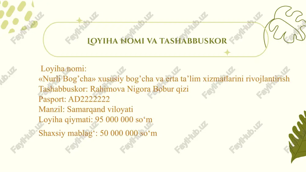 energiyasi: 900 000 so‘m/yil ijara haqi: 2 500 000 so‘m/yil soliqlar: 4 500 000 so‘m/yil boshqa xarajatlar: 28 000 000 so‘m/yil ko‘rsatkich miqdor loyiha qiymati 95 000 000 so‘m grant mablag‘i 45 000 000 so‘m shaxsiy mablag‘’50 000 000 so‘m yillik tushum 350 000 000 so‘m sof foyda 55 000 000 so‘m moliyaviy ko’rsatkichlar xulosa va yakuniy fikr loyiha iqtisodiy jihatdan tijoriy samarali 4 ta doimiy ish o‘rni yaratiladi davlat byudjetiga yiliga 4,5 mln so‘m soliq tushadi faoliyat mahalliy aholining farovonligini oshiradi loyihaning rentabellik darajasi – 50% e’rta ta’lim sohasini kengaytiradi tadbirkorlikni qo‘llab-quvvatlaydi mahalliy iqtisodiyotga hissa qo‘shadi bozor talabiga javob beruvchi, barqaror biznes model hisoblanadi rahmat image9.png image10.svg image1.png image2.svg image3.png image4.svg image5.png image6.svg image7.png image8.svg image11.png image12.svg image13.png image14.svg image15.png image16.svg image21.png image22.svg image23.jpeg image17.png image18.svg image19.png image20.svg image24.png image25.svg image26.png image27.svg image28.png image29.svg image30.png image31.svg image34.png image35.svg image32.png image33.svg image36.png image37.svg image38.jpeg image39.png image40.svg image41.png image42.svg /docprops/thumbnail.jpeg