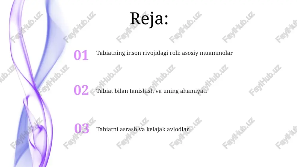 rdam beradi. ta'limda tabiatning o'rni ta’limda tabiat muhim ahamiyatga ega, ayniqsa, ekologik ongni shakllantirishda. tabiat bilan tanishish orqali erta yoshdan barqaror rivojlanish tushunchasi singdiriladi. tabiat ta’limda 7 yoshdan 17 yoshgacha bo'lgan o'quvchilar uchun eksperimental bilim olish imkoniyatini yaratadi, bu esa ularning ilmiy tadqiqot ko'nikmalarini rivojlantiradi. tabiatni asrash - kelajak avlodlar uchun mas'uliyat ekologik muvozanatni saqlash - kelajak avlodlar uchun 7 milliarddan ortiq insonning farovonligini ta'minlashning asosiy omili. tabiat resurslaridan oqilona foydalanish - 2030 yilgacha barqaror rivojlanish maqsadlariga erishishda muhim qadamdir. urbanizatsiya va tabiatdan uzoqlashuv oqibatlari tabiatdan uzoqlashuv, ayniqsa bolalarda d vitamini yetishmovchiligini 30% ga oshiradi, bu suyak rivojlanishiga salbiy ta'sir ko'rsatadi. urbanizatsiya, tabiiy muhitni kamaytirib, 70% global co2 emissiyasiga sabab bo'ladi, bu esa iqlim o'zgarishiga jiddiy ta'sir ko'rsatadi. barqaror rivojlanish va tabiatni muhofaza qilish barqaror rivojlanish 2030 yilgacha bo'lgan kun tartibida ekologik barqarorlikka erishishni, shu jumladan, biologik xilma-xillikni saqlashni o'z ichiga oladi. tabiatni muhofaza qilish strategiyalari atrof-muhitning ifloslanishi va degradatsiyasining …