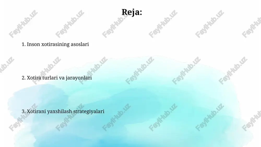 niya davomida saqlay oladi, agar faol ravishda takrorlanmasa. choking qmxning hajmini oshirishga yordam beradi, elementlarni guruhlarga ajratish orqali, masalan, 10 ta individual raqamni 3 ta guruhga ajratish, shuningdek, 3 ta esdalikni talab qiladi. uzoq muddatli xotira uzoq muddatli xotira, xotira tizimining bir turi, cheklanmagan hajm va davomiylikka ega boʻlib, faktlar, voqealar va koʻnikmalar kabi maʼlumotlarni 30 soniyadan ortiq saqlaydi. uzoq muddatli xotira deklarativ (explicit) va nodeklarativ (implicit) xotiralarga boʻlinadi; deklarativ xotira faktlarni (semantik) va voqealarni (episodik) eslashni oʻz ichiga oladi. unutish sabablari interferentsiya nazariyasiga ko'ra, unutish oldingi va keyingi xotiralar o'rtasidagi raqobat tufayli yuzaga keladi. oldingi interferentsiya yangi xotiralarni eslashni qiyinlashtiradi. decay nazariyasi xotiralar vaqt o'tishi bilan yo'qoladi, deb tushuntiradi. nevaronlar o'rtasidagi bog'lanishlar susayishi mumkin, natijada 50-60% unutish kuzatiladi. xotirani yaxshilash usullari xotirani yaxshilash uchun 'spaced repetition' usulidan foydalaning: ma'lumotni 1, 3, 7 kundan keyin takrorlash, uni uzoq muddatli xotiraga joylashga yordam beradi. mnemonika texnikalarini qo'llang, masalan, 'asosiy so'z usuli' …