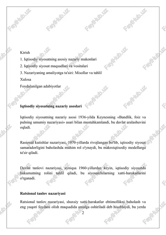 mkinligini anglatadi. axborot iqtisodiyoti va nosimmetrik axborot axborot iqtisodiyoti, 1970-yillarda shakllangan, axborotni iqtisodiy resurs sifatida o'rganadi va uning qiymatini aniqlashga intiladi, bu esa bozor samaradorligiga ta'sir qiladi. nosimmetrik axborot bozorlarda narx belgilanashida muammolar keltirib chiqaradi, chunki ba'zi ishtirokchilar boshqalarga qaraganda ko'proq axborotga ega bo'lib, adolatsiz ustunlikka erishadilar. adverse selection va moral hazard nosimmetrik axborotning asosiy muammolari hisoblanadi, bu esa sug'urta bozorlarida va moliyaviy sektorlarda 25% gacha xatoliklarga olib kelishi mumkin. xulq-atvor iqtisodiyoti xulq-atvor iqtisodiyoti qaror qabul qilishda insonning ratsionallikdan chetga chiqishini, masalan, 100 so'mni yo'qotishdan ko'ra 100 so'mni topishdan ko'proq qo'rqishini o'rganadi. u 1970-yillarda daniel kahneman va amos tverskyning kognitiv buzilishlar va heuristikalar bo'yicha tadqiqotlaridan kelib chiqqan bo'lib, bu qaror qabul qilishga ta'sir etuvchi psixologik omillarni tushuntiradi. xulq-atvor iqtisodiyoti davlat siyosatida samaraliroq siyosat yaratish uchun ishlatiladi, masalan, odamlarni pensiya jamg'armalariga avtomatik tarzda ro'yxatdan o'tkazish orqali jamg'arishni rag'batlantirish. ijtimoiy farovonlik nazariyasi ijtimoiy farovonlik nazariyasi resurslarni taqsimlashning optimal usulini baholashda paretto samaradorligidan …