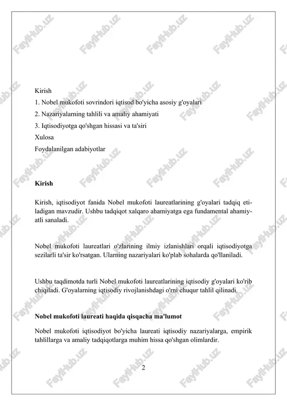 orlarda optimal resurs taqsimotini tahlil qilishga katta e'tibor qaratganlar. ko'pgina laureatlar 1970-yillarda axborot asimmetriyasi, noaniqlik va xulq-atvor iqtisodiyoti modellari orqali qaror qabul qilish jarayonlarini o'rganishgan. 2000-yillarda nobel mukofoti laureatlari global savdo, o'sish va kambag'allikni kamaytirish uchun institutsional tuzilmalarning ahamiyatini ta'kidlagan modellar yaratdilar. ilmiy ishlarining ta'siri nobel mukofoti laureatining ishlari 1970-yillardagi neoklassik makroiqtisodiyotga qarshi chiqib, ma'lumot asimmetriyasi va bozor nomukammalliklarining ahamiyatini ko'rsatdi. uning 1990-yillarda rivojlangan davlatlar moliyaviy inqirozlariga oid tahlillari, ayniqsa bankrotlik va qarzlarning tuzilishi bo'yicha ishlari siyosatchilarga katta ta'sir ko'rsatdi. nobel laureatining adolatli soliqqa tortish va optimal soliq siyosatiga oid nazariyalari, ayniqsa 21-asrda global iqtisodiyot uchun tengsizlik muammosini hal qilishda dolzarbdir. amaliy ahamiyati nobel mukofoti laureatlari ishlanmalari orqali davlatlar iqtisodiy siyosatni shakllantirishda samaraliroq vositalarga ega bo'ladilar, budjetni maqbullashtirib, ijtimoiy ta'minotni yaxshilash imkoniyatini yaratadilar. ular tomonidan taklif etilgan modellar moliyaviy risklarni baholashda yordam berib, banklar va sug'urta kompaniyalari barqarorligini oshiradi, bu esa global iqtisodiy inqirozlarning oldini olishga xizmat qiladi. nobel mukofoti …