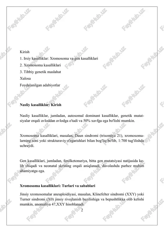 uzaga kelishi mumkin. misol uchun, gemofiliya x xromosomasi bilan bog'liq bo'lib, taxminan 5000 erkakdan 1 tasida uchraydi. autosomal dominant kasalliklar avtosomal dominant kasalliklarda har bir avtosomada joylashgan bitta mutant allel kasallikni keltirib chiqaradi, ya'ni 50% ehtimollik bilan bolaga o'tadi. ko'pgina avtosomal dominant kasalliklar nasldan-naslga o'tadi, lekin ba'zida yangi mutatsiyalar tufayli oilada birinchi bo'lib namoyon bo'lishi mumkin, xavfi 1/2. marfan sindromi va neyrofibromatoz 1-tipi kabi avtosomal dominant kasalliklar turli xil klinik ko'rinishlarga ega bo'lishi mumkin, bu esa tashxis qo'yishni qiyinlashtiradi. autosomal retsessiv kasalliklar autosomal retsessiv kasalliklar, odatda, kasallikning fenotipik namoyon bo'lishi uchun ikkala allelda ham (ikkita nusxada) mutatsiya bo'lishini talab qiladi. agar ota-onalar ikkalasi ham nosog'lom allelni tashuvchi bo'lsa, har bir homiladorlikda farzandda kasallik rivojlanish ehtimoli 25% ni tashkil etadi. ko'pgina metabolik kasalliklar, masalan, fenilketonuriya (pku), autosomal retsessiv kasalliklar bo'lib, 10,000-15,000 ta yangi tug'ilgan chaqaloqlarning 1 tasida uchraydi. x-bog'langan kasalliklar x-bog'langan kasalliklar, odatda erkaklarda ko'proq namoyon bo'ladi, chunki ularda bitta x …