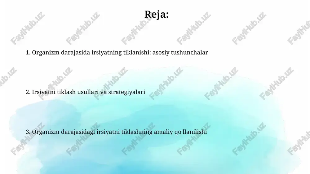 genetik mexanizmlar rivojlanish jarayonida hujayralar differentsiatsiyasini ta'minlaydi, bunda genlarning yoqilishi yoki o'chirilishi hujayra turini belgilaydi. genomika va transkriptomika tahlili genomika dnkning tuzilishini, funksiyasini va evolyutsiyasini o'rganadi. ngs texnologiyalari genomni to'liq sekvenlash va 10^6-10^9 baz juftlarini tahlil qilishga yordam beradi. transkriptomika rnk molekulalarining umumiy to'plamini tahlil qiladi. rnk-sekvenlash orqali gen ekspressiyasining miqdori 10^4-10^5 genlar uchun aniqlanadi va ularning o'zgarishi kuzatiladi. sun'iy seleksiya va naslchilik sun'iy seleksiya – bu odam tomonidan 10,000 yildan ortiq vaqt davomida foydalanilgan, qimmatli belgilari bor o'simliklar va hayvonlarni tanlash jarayoni hisoblanadi. naslchilik genetikasi 20-asr boshlarida rivojlandi, bu esa duragaylash va tanlash usullarini yaxshilash, yangi navlar yaratish imkonini berdi va samaradorlikni oshirdi. genetik modifikatsiyalashtirish texnologiyalari genetik modifikatsiyalash texnologiyalari organizmlarning dnksini o'zgartirish uchun ishlatiladi, bu esa yangi xususiyatlarni (masalan, gerbitsidlarga chidamlilik) yaratishga imkon beradi. crispr-cas9 kabi texnologiyalar genomning aniq joylarini tahrir qilishga imkon beradi, bu esa genlarni o'chirish, qo'shish yoki o'zgartirish orqali maqsadli modifikatsiyaga olib keladi. gen terapiyasi yondashuvlari …