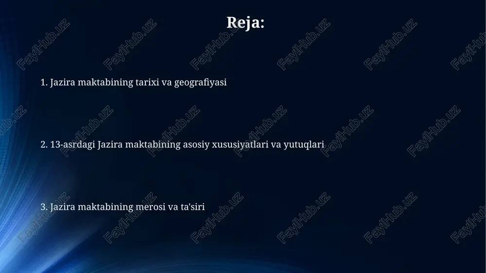 g qo'llanilgan. asosiy san'at turlari va texnikalar metalga ishlov berishda zarhal naqshlar keng qo'llanilgan, ayniqsa 13-asrda geometrik shakllar va arab yozuvlari bilan bezatilgan bronza buyumlar 1200 darajadan yuqori haroratda qizdirilgan. gilamdo'zlikda tabiiy bo'yoqlardan foydalanilgan, masalan, qizil rang uchun qirmizi qo'ng'izidan, ko'k rang uchun esa indigo o'simligidan olinib, 200 dan ortiq tugun zichligiga ega gilamlar yaratilgan. mashhur rassomlar va ularning ishlari mashhur rassomlar nozik detallarga e'tibor qaratgan holda, geometrik naqshlar va murakkab arabeskalar bilan bezatilgan 13-asr jazira kulolchiligida ustun edilar. ushbu davrda rassomlar, ayniqsa, hayvonlarning uslublashtirilgan tasvirlarini yaratishga e'tibor qaratdilar, ularning ko'plari turli xil ranglardagi sopol buyumlarda uchraydi. qo'lyozma bezash va kitob san'ati xiii asrda jazira maktabining qoʻlyozmalarida oltin va lazuritdan foydalanish koʻpaydi, bu esa kitoblarning hashamatli koʻrinishiga sezilarli ta'sir ko'rsatdi. qoʻlyozmalarda geometrik naqshlar, oʻsimlik ornamentlari va hayvon tasvirlari keng qoʻllanilgan boʻlib, bu bezaklar kitobning badiiy qiymatini oshirgan. metallga ishlov berish va seramika xiii asrda jazira maktabi metallga ishlov berishda bronza …