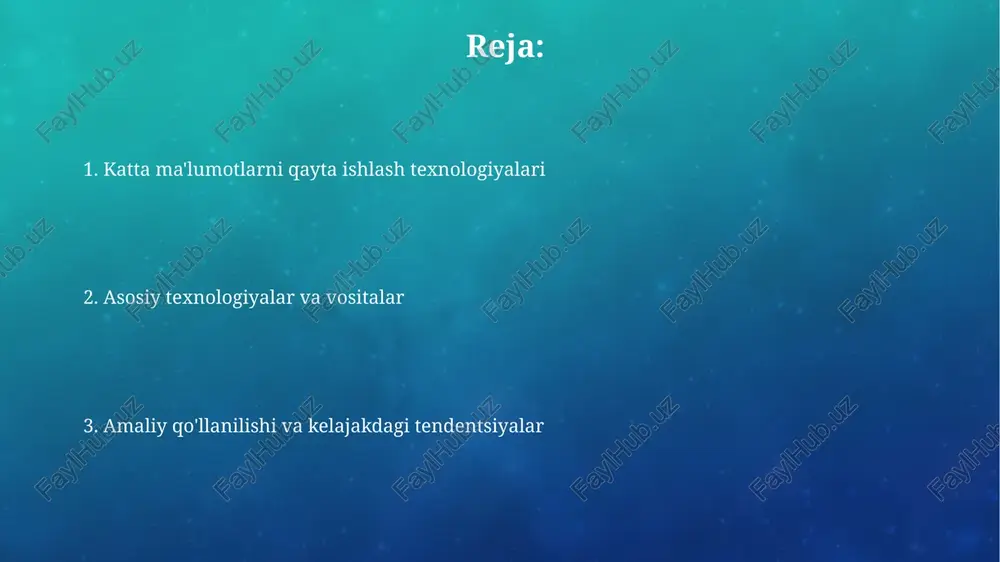 aytgacha ma'lumotni sig'dira oladi. apache hadoop ekotizimi hadoop distributed file system (hdfs) katta fayllarni bir nechta kompyuterda saqlash uchun mo'ljallangan, odatda minglab serverdan iborat klasterlarda, yuqori o'tkazuvchanlikni ta'minlaydi. mapreduce dasturlash modeli parallel ravishda katta hajmdagi ma'lumotlar to'plamini qayta ishlash imkonini beradi, ma'lumotlarni xaritalash va qisqartirish bosqichlariga bo'lib, har biri alohida serverda amalga oshiriladi. apache spark apache spark 2012-yilda yaratilgan bo‘lib, katta hajmdagi ma’lumotlarni qayta ishlash uchun mo‘ljallangan tezkor, universal klasterli hisoblash tizimidir. u xotiradagi hisoblash qobiliyati tufayli mapreduce’dan 100 martagacha tezroq ishlashi mumkin. spark sql ma’lumotlarni so‘rov qilish uchun sql sintaksisini ishlatishga imkon beradi va turli xil ma’lumot manbalari bilan integratsiyalashgan. u turli xil ma’lumot formatlarini qo‘llab-quvvatlaydi, masalan, json, csv va parquet. ma'lumotlar oqimini qayta ishlash ma'lumotlar oqimini qayta ishlash real vaqt rejimida 1000+ ma'lumotlar manbalaridan uzluksiz oqimni tahlil qilish, filtrlash va o'zgartirish uchun ishlatiladi. apache kafka va apache flink kabi texnologiyalar soniyada millionlab voqealarni qayta ishlash imkonini beradi, bu …