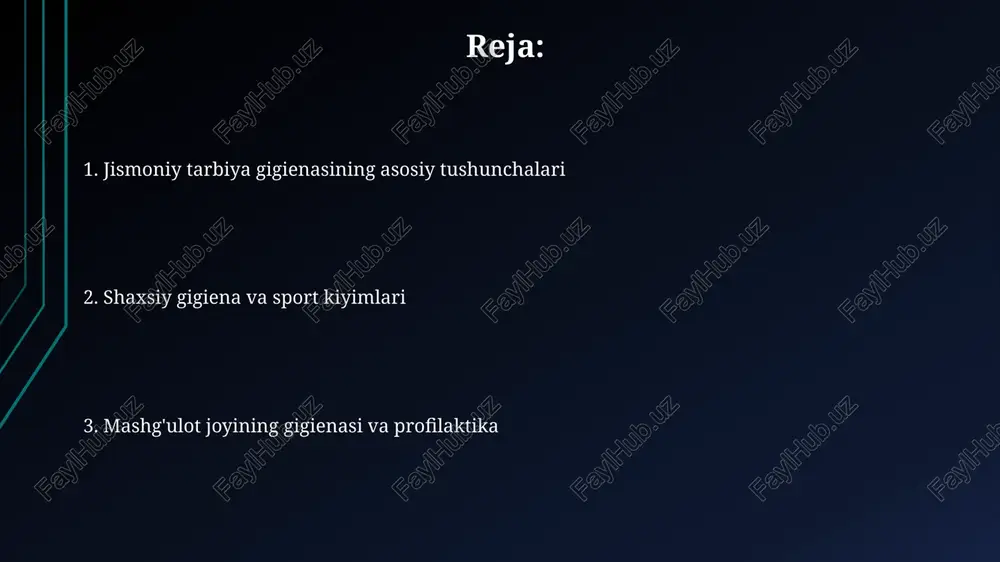 alar yordamida nam tozalash o'tkazish zarur, ayniqsa, jamoaviy mashg'ulotlardan keyin, infeksiyalarning tarqalishini kamaytirish uchun. sport jihozlari, masalan, gantellar va to'plar, har bir foydalanuvchidan keyin antibakterial salfetkalar bilan tozalanadi, bakteriyalarning 99,9% ini yo'q qilishga yordam beradi. jismoniy mashqlar paytida gigiena jismoniy mashqlar davomida shaxsiy gigienaga rioya qilish zarur, masalan, har bir mashqdan oldin va keyin qo'llarni kamida 20 soniya davomida sovun bilan yuvish kerak. sport kiyimlarini har bir mashqdan so'ng yuvish va ularni almashtirish, shuningdek, shaxsiy sochiqdan foydalanish terlash natijasida paydo bo'ladigan bakteriyalarning tarqalishini oldini oladi. dam olish va tiklanish gigienasi to'liq tiklanish uchun kamida 7-8 soat uxlash kerak, chunki uyqu vaqtida organizmning tiklanish jarayonlari optimal darajada amalga oshadi, ayniqsa intensiv mashg'ulotlardan so'ng. faol dam olish mashqlari, masalan, yengil suzish yoki yengil yurish, mushaklarning qon bilan ta'minlanishini yaxshilaydi va laktat kislotasini kamaytiradi, bu esa tiklanishni tezlashtiradi. oziqlanish gigienasi oziqlanish gigienasi sportchilar uchun muhim, chunki optimal energiya darajasini ta'minlash uchun kuniga kamida …