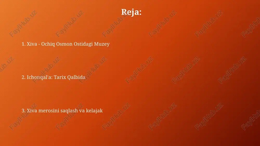 ma'nosi bor. xiva kulolchiligi 12-asrga borib taqaladi, unda 700 daraja selsiyda pishirilgan idishlar uchun o'simliklardan olingan 10 dan ortiq tabiiy pigmentlardan foydalaniladi. madaniy merosni saqlash madaniy merosni saqlashda o'zbekiston respublikasining 2019-yildagi qonuni muhim ahamiyatga ega, u meros ob'ektlarini muhofaza qilishning huquqiy asoslarini belgilaydi. unesconing umumjahon merosi ro'yxatiga kiritilgan ob'ektlar, jumladan, xiva ham, milliy qonunchilik va xalqaro konventsiyalar asosida qo'riqlanadi, moliyaviy resurslar ajratiladi. turizm va xivaning jozibadorligi xivaning noyob me'morchiligi, ayniqsa ichan qal'a unesconing jahon merosi ro'yxatiga kiritilgan bo'lib, bu har yili 2 milliondan ortiq sayyohni jalb qiladi. xiva o'zining an'anaviy hunarmandchiligi bilan mashhur: gilamdo'zlik, yog'och o'ymakorligi va kulolchilik, bu esa etnografik turizmni rivojlantirib, 15 dan ortiq ustaxonalarni o'z ichiga oladi. kelajak istiqbollari va rivojlanish kelajakda khiva ichan qal'a unesconing jahon merosi obyekti sifatida saqlanib, turizm infratuzilmasini 25% ga oshirish orqali iqtisodiy o'sishni ta'minlaydi. 2030 yilgacha khivada zamonaviy mehmonxonalar, hunarmandchilik markazlari va interaktiv muzeylar barpo etish orqali sayyohlar sonini 400 mingga …