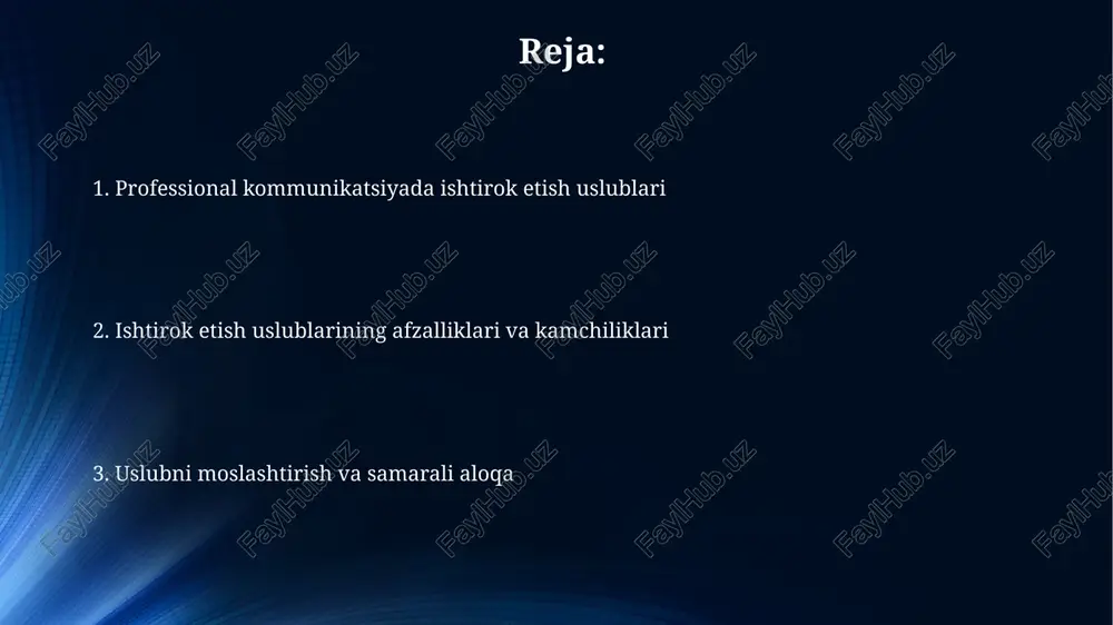 huquqlari va ehtiyojlarini ifoda etishdan qochadi, ko'pincha boshqalarning talablarini 100% qondirishga intilib, o'z fikrini bildirmaydi. ushbu uslubda muloqot qiluvchi shaxs o'zini past baholaydi, 'men muhim emasman' degan ishonchga ega bo'lishi mumkin, shuning uchun 75% hollarda o'zini aybdor his qiladi. passiv muloqotda noverbal signallar (masalan, ko'z kontaktidan qochish 90% hollarda) va 'agar bunga rozi bo'lsangiz' kabi so'z birikmalari tez-tez ishlatiladi. assertiv uslub assertivlik, agressivlikdan farqli ravishda, 50% g'alaba qozonishni maqsad qilmaydi. u o'zaro hurmat asosida muammoni yechishga, ya'ni 75% yechim topishga intiladi. assertiv uslubda, siz o'z fikringizni 100% hurmat bilan ifodalaysiz, boshqalarning huquqlarini ham inobatga olasiz. bu 'men' xabarlaridan foydalanishni o'z ichiga oladi. assertiv uslub ish joyida stressni 25% kamaytiradi, chunki u aniq chegaralarni belgilashga va 90% vaziyatlarda o'z pozitsiyangizni himoya qilishga yordam beradi. manipulyativ uslub ushbu uslubda, suhbatdoshning zaif tomonlaridan 99 foiz holatda foydalaniladi. maqsad - shaxsiy ustunlikka erishish, lekin bu jamoaviy ish samaradorligini pasaytiradi. manipulyativ uslubda fikrlash 10 foiz …