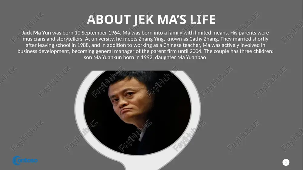 he opened the first office for yibing china pages, and ma opened his second company. on may 10, 1995, they registered the chinapages.com domain in the us. in three years, the company generated 5 million renminbi, which was equivalent to 800,000 us dollars at the time. ‹#› from 1998 to 1999, ma headed an information technology company established by the china international electronic commerce center under the ministry of foreign trade and economic cooperation. in 1999, he was fired and returned to hangzhou with his team and founded alibaba, a business-to-business marketplace in china, in his home with a group of 18 friends. he started a new phase of venture development with 500,000 yuan. in april 1995 alibaba open new company ‹#› ‹#› alibaba company’s first achievments alibaba has become one of the world's most valuable tech companies after fully raising $25 billion in what was the largest initial public …