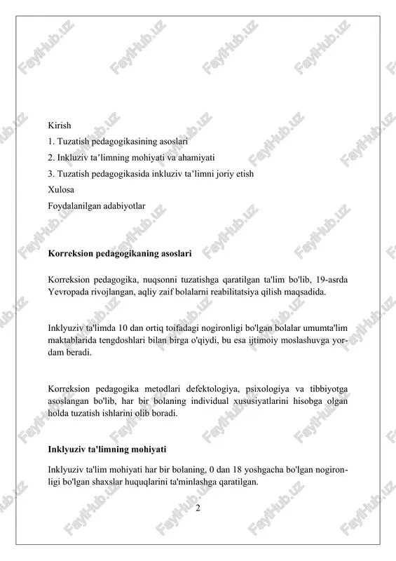 metodlarini qo'llash orqali qobiliyatini rivojlantirishga qaratilgandir. maxsus ta'limga muhtoj bolalar maxsus ta’limga muhtoj bolalar turli xil bo’lishi mumkin, jumladan, jismoniy imkoniyati cheklangan, aqliy zaif, sezgi a’zolari buzilgan yoki xulq-atvorida og’ish bo’lgan bolalar. inklyuziv ta’limda bunday bolalarning ta’lim olish huquqi tenglashtiriladi va har bir o’quvchining individual ehtiyojlarini qondirishga qaratilgan maxsus dasturlar qo’llaniladi. o’zbekistonda maxsus ta’limga muhtoj bolalarga yordam berish uchun 70 dan ortiq maxsus maktab-internatlar va resurs markazlari tashkil etilgan bo’lib, ular ta’lim va reabilitatsiya xizmatlarini ko’rsatadi. korreksion pedagogikaning asosiy tamoyillari korreksion pedagogika asosiy tamoyillaridan biri – individual yondashuv, ya'ni har bir o'quvchining 0-18 yosh oralig'idagi imkoniyatlari va ehtiyojlarini inobatga olishdir. inklyuziv ta'limda, erta aniqlash va korreksion yordam ko'rsatish muhim; bu bolaning 1-sinfdan boshlab muvaffaqiyatli o'qishini ta'minlash uchun zarur. korreksion pedagogika, ijtimoiy moslashuv tamoyilini qo'llab, bolalarga jamiyatda 2-3 darajali qobiliyatlari asosida o'z o'rnini topishga yordam beradi. inklyuziv ta'limning tamoyillari inklyuziv ta’limda har bir bolaning 100% imkoniyatlarini ochish, shuningdek, ularning individual ehtiyojlarini …