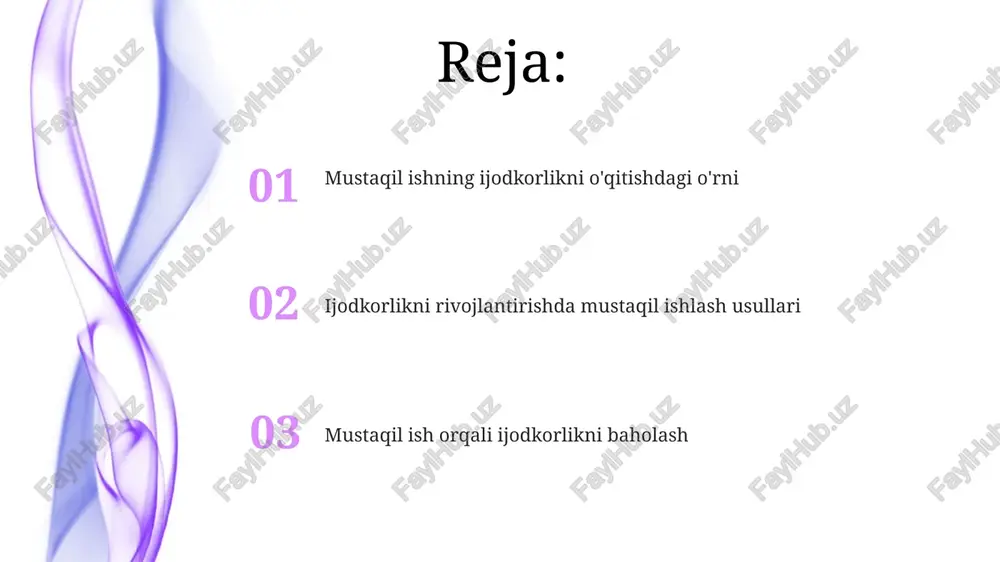 rida muhim. innovatsion g'oyalar shunday paydo bo'ladi. mustaqil ishning 65% o'quvchilarning motivatsiyasini va o'ziga bo'lgan ishonchini oshiradi. bu, ayniqsa, loyihalar va portfoliolarni yaratishda seziladi. mustaqil ishning ijodiy qobiliyatlarni rivojlantirishdagi roli mustaqil ish jarayonida xatolarga yo'l qo'yish 80% o'rganishni tezlashtiradi va ijodiy fikrlashni rivojlantiradi, chunki xatolar tahlili muhim qadamdir. mustaqil ish o'quvchilarga 100% o'z g'oyalarini sinab ko'rish imkonini beradi, bu esa yangi yechimlarni topishda 75% ko'proq ijodiy bo'lishga yordam beradi. mustaqil topshiriqlar o'quvchilarning 60% o'z-o'zini baholash ko'nikmalarini oshiradi, bu esa ijodiy loyihalar ustida 90% aniqroq va samarali ishlashga yordam beradi. mustaqil ishlarning turlari va ularning ijodkorlikka ta'siri muammoli mustaqil ishlar, 5 qadamdan iborat: 1) muammoni aniqlash, 2) ma'lumot yig'ish, 3) gipoteza tuzish, 4) yechim topish, 5) baholash, ijodiy fikrlashni faollashtirib, innovatsion yondashuvlarni rivojlantiradi. mustaqil ishlar turlari orasida 1) reproduktiv topshiriqlar ijodiy qobiliyatni rivojlantiradi, 2) evristik usullar yangi g'oyalarni shakllantirishga yordam beradi, 3) tadqiqot loyihalari chuqur tahlil orqali ijodkorlikni kuchaytiradi. induktiv mustaqil …