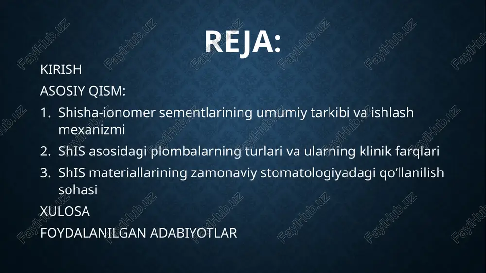 gi kalsiy ionlari sement matritsasiga o‘tadi, bu esa adgezivlikni kuchaytiradi. bunda hech qanday kley yoki qo‘shimcha primerlar talab qilinmaydi. ftor ionlarining asta-sekin ajralib chiqishi esa kariyesga qarshi himoya omili sifatida xizmat qiladi. shis qotish jarayonida kam issiqlik chiqaradi va pulpa uchun nisbatan xavfsizdir. ularning mikrosizlikka chidamliligi yaxshi, lekin boshlang‘ich mexanik mustahkamligi pastroq bo‘lishi mumkin. shis materiallarining ishlashi tashqi muhitga sezgir bo‘lib, ayniqsa dastlabki qotish bosqichida namlikdan himoya qilish zarur. ular yuqori biologik muvofiqlikka ega, pulpa yaqin kavitalarda qo‘llash mumkin. qotishdan keyingi barqarorlik ortib boradi, ayniqsa qatron bilan mustahkamlangan variantlarda. shislarning ishga tayyor holga keltirilishi oddiy va aralashtirish bosqichida xatolik ehtimoli kam. ushbu sementlar bolalar stomatologiyasida, taglik sifatida, minimal invaziv plombalash va vaqtincha restavratsiyalar uchun juda qo‘l keladi. asosiy qism: 2. shis asosidagi plombalarning turlari va ularning klinik farqlari an’anaviy gic lar polialkanoat kislota va ftorli shisha zarralari aralashmasiga asoslanadi. ular kimyoviy yo‘l bilan qotadi va dentin hamda emal yuzasi bilan …