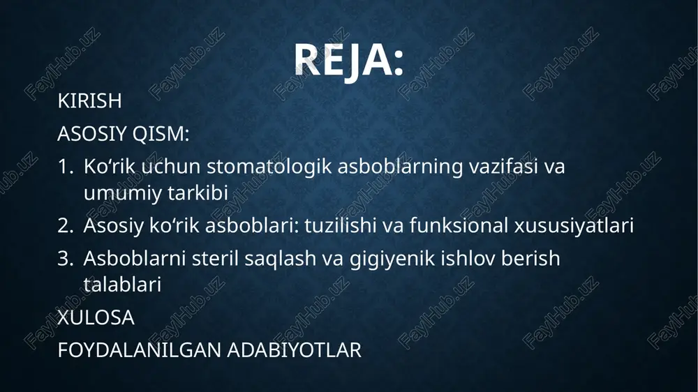 agan uchi bilan emal-dentin chegarasi va fissuralarni tekshiradi, to‘qimalarga ortiqcha bosim bermaslik uchun elastikligi me’yoriy bo‘lishi zarur. periodontal prob millimetrli belgilari (masalan, unc-15 yoki williams) bilan cho‘ntak chuqurligini, qonash indekslarini va klinik qo‘zg‘aluvchanlikni baholaydi. pinset tampon, paxta roliklari va artikulyatsiya qog‘ozini aseptik tutib ishlashga mo‘ljallangan; silliq yoki riflen tutqich qo‘l nazoratini yaxshilaydi. yordamchi elementlar sifatida havo–suv purkagich uchi, artikulyatsiya qog‘ozi tutqichi va kichik chiziqli o‘lchagich qo‘llanilishi mumkin. ko‘rik asboblari zanglamas po‘latdan (odatda 304/316l) yoki autoclavga chidamli kompozitlardan tayyorlanadi, qayta ishlovga mos konstruktsiya va yoriqsiz birikmalar mikrobiologik xavfni kamaytiradi. har bir bemordan oldin asboblar steril paketda ochiladi, ishlatilgandan so‘ng darhol oldindan tozalash, yuvish–dezinfeksiya, quritish va 134 °c gacha avtoklav sikllarida sterilizatsiya qilinadi; optik yuzalar va o‘lchov belgilari saqlanishi uchun ishlab chiqaruvchi ko‘rsatmalariga qat’iy rioya etiladi. saqlash quruq, belgilangan javonlarda amalga oshiriladi, o‘tkir uchlar uchun himoya qalpoqlari qo‘llanadi, servis jurnali orqali sirt yemirilishi, bo‘shashgan birikmalar va korroziya belgilari muntazam nazorat qilinadi. asosiy …