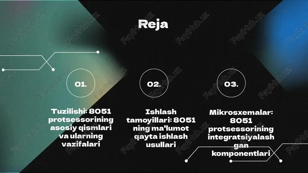 shiradi. ishlash tamoyillari 8051 protsessorining ishlash tamoyillari quyidagilardan iborat: 1. buyruqlar to'plami: protsessor bajarishi mumkin bo'lgan buyruqlar to'plami dasturchilarga imkoniyatlar yaratadi. 2. dasturlash paradigmalari: dasturchilar uchun kod yozishda turli yondashuvlar taklif etadi. 3. ma'lumotlarni qayta ishlash jarayoni: ma'lumotlarni samarali boshqarish va qayta ishlash imkonini beradi. ushbu tamoyillar arxitektura bilan birgalikda tizim samaradorligini ta'minlaydi, bu esa dasturchilar uchun yuqori sifatli dasturlar yaratishga imkon beradi. kirish-chiqish portlari 8051 protsessorining kirish-chiqish portlari ma'lumotlarni kiritish va chiqarish uchun zarur. ular qiymatlarni sensorlardan qabul qiladi va chiqarish qurilmalariga yuboradi. portlar dasturlashga imkon beradi, masalan, ledlarni yoqish yoki sensorlardan ma'lumot olish. to'g'ri ishlatilishi 8051 protsessorining samarali ishini ta'minlaydi. 8051 protsessoridagi ma'lumotlarni qayta ishlash 8051 protsessorining ma'lumotlarni qayta ishlash tamoyillari uning arxitekturasi bilan bog'liq. jarayon uch bosqichdan iborat: ma'lumotlarni kirish, protsessing va chiqish. u ko'plab mikrosxemalarni o'z ichiga oladi va har bir bosqichda turli registerlar va xotira turlari ishlatiladi. ma'lumot qayta ishlash usullari 8051 protsessorida ma'lumotlarni qayta …