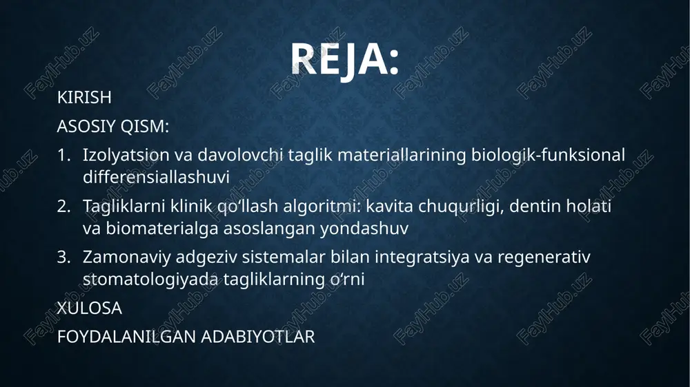 siyasi va reparativ dentin hosil bo‘lishini qo‘llab-quvvatlaydi. ushbu guruhga kaltsiy gidroksidli materiallar, mta (mineral trioksid agregat) va biokeramik asosli preparatlar kiradi. izolyatsion tagliklar odatda inert, kuchli mexanik tayanchga ega va kavita tubida adgeziya va muhrni mustahkamlovchi qatlam hosil qiladi. ular ph neytral yoki kam kislotali bo‘lib, pulpa bilan bevosita aloqa qilmaydi, lekin polimerizatsiya issiqligidan, galvanik oqimlar va qatronlar tarkibidagi monomerlar ta’siridan dentinni himoya qiladi. shisha-ionomerlar ftor ionlari ajratib, kariyesga qarshi profilaktik effekt ham ko‘rsatadi. davolovchi tagliklar esa ko‘proq biologik faolligi bilan ajralib turadi: kaltsiy gidroksid ph > 11.5 darajasida antibakterial muhit yaratadi va reparativ dentin induktsiyasini rag‘batlantiradi; mta va biokeramik moddalarda esa kaltsiy silikatlar va fosfatlar tufayli mineralizatsiyaga yordam beruvchi ion almashinuvi sodir bo‘ladi. ushbu materiallar pulpa bilan bevosita yoki bevosita bo‘lmagan aloqada ishlatilganda regenerativ reaktsiyalarni faollashtiradi. taglik materialining tanlovi kavita chuqurligi, dentinning qoldiq qalinligi, pulpa yaqinligi va restavratsiya turi asosida belgilanadi. sirtga yaqin, o‘rta chuqurlikdagi kavitalarda izolyatsion tagliklar (masalan, …