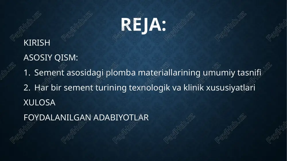m, ammo adgeziv emas; simantatsiya uchun ishlatiladi. polikarboksilat sementi – dentin bilan kimyoviy bog‘lanish xususiyatiga ega, biologik muvofiq. silikat sementi – estetik xususiyatlarga ega, ammo kislotaga chidamsiz va mo‘rt. shisha-ionomer sement (gic) – ftor ajratadi, dentin bilan yaxshi bog‘lanadi, izolyatsiya va taglik sifatida keng qo‘llanadi. rezin-modifikatsiyalangan gic (rmgic) – mustahkamligi yuqori, zamonaviy adgeziv tizimlar bilan mos. so‘nggi yillarda regenerativ stomatologiyada qo‘llaniladigan bioaktiv sementlar ham alohida ahamiyat kasb etmoqda. ular orasida kaltsiy silikat asosidagi materiallar (masalan, mta – mineral trioxide aggregate) mavjud bo‘lib, pulpa bilan bevosita aloqa qilganda regenerativ ta’sir ko‘rsatadi. shuningdek, biokeramik sementlar yuqori ph muhitda antibakterial muhit yaratadi va reparativ dentin hosil bo‘lishini rag‘batlantiradi. bunday materiallar chuqur kavitalar va pulpa ekspozitsiyasi bo‘lgan holatlarda qo‘llanadi. demak, sement plomba materiallarining zamonaviy tasnifi faqat mexanik xususiyatlarga emas, balki biologik va funksional samaradorlikka asoslanadi. asosiy qism: 2. har bir sement turining texnologik va klinik xususiyatlari sink fosfat sementi — klassik, ikki komponentli (oksid …
