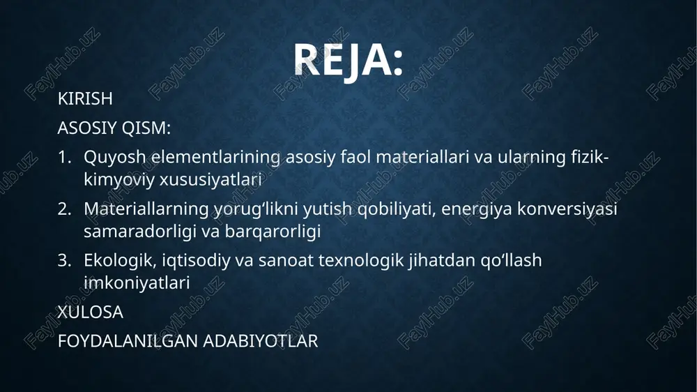 al–texnologiya–barqarorlik” uchligi fotovoltaikaning keyingi avlodini belgilab, iqtisodiy raqobatbardoshlik va ekologik iz qoldig‘ini bir vaqtda optimallashtirishga yo‘naltiriladi. asosiy qism: 1. quyosh elementlarining asosiy faol materiallari va ularning fizik-kimyoviy xususiyatlari quyosh elementlarining faol qismi sifatida asosan uch sinf materiallar qo‘llanadi: kremniy asosli yarimo‘tkazgichlar, yupqa qavatli noan’anaviy materiallar (kadmiy tellurid va cigs) hamda yuqori samarali iii–v guruh birikmalari va yangi avlod perovskit hamda organik tizimlar. fotoelektrik xususiyatlarni belgilovchi asosiy mezonlar optik yutilish koeffitsienti, tarmoqli oralig‘i, zaryad tashuvchilar umrboqiyligi va diffuziya uzunligi, rekombinatsiya markazlari zichligi, shuningdek issiqlik va nurlanish barqarorligidir. kimyoviy barqarorlik, sirt holati va don chegaralarining passivatsiyasi, hamda metall kontaktlar bilan ohirgi interfeysning energetik mosligi maksimal ochiq zanjir kuchlanishi va to‘liq samaradorlikni chegaralaydi. kremniy to‘g‘ridan-to‘g‘ri bo‘lmagan tarmoqli oralig‘iga ega bo‘lgani uchun yutilishi nisbatan past, shu bois 150–200 μm qalinlikdagi plastinalar talab etiladi; bunda kristall sifatini oshirish orqali tashuvchilar umrboqiyligi va diffuziya uzunligi millimetrlar darajasiga yetkazilishi mumkin. monokristalli kremniy past nuqson zichligi va tartibli …