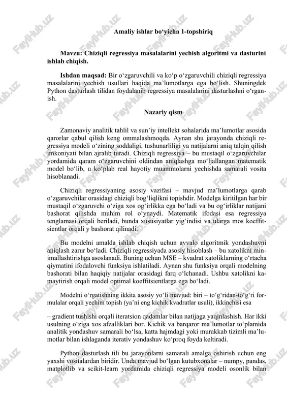 ormulalar orqali yechim topish (ya’ni eng kichik kvadratlar usuli), ikkinchisi esa – gradient tushishi orqali iteratsion qadamlar bilan natijaga yaqinlashish. har ikki usulning o‘ziga xos afzalliklari bor. kichik va barqaror ma’lumotlar to‘plamida analitik yondashuv samarali bo‘lsa, katta hajmdagi yoki murakkab tizimli ma’lumotlar bilan ishlaganda iterativ yondashuv ko‘proq foyda keltiradi. python dasturlash tili bu jarayonlarni samarali amalga oshirish uchun eng yaxshi vositalardan biridir. unda mavjud bo‘lgan kutubxonalar – numpy, pandas, matplotlib va scikit-learn yordamida chiziqli regressiya modeli osonlik bilan qurilishi mumkin. ma’lumotlarni tayyorlash, modellashtirish, o‘rgatish, grafik tahlil va aniqlik baholash kabi barcha bosqichlarni bir til doirasida to‘liq bajarish mumkin. dastlabki bosqichlarda foydalanuvchi ma’lumotlarni yuklab oladi va ularni tahlil qilib, modelga mos shaklga keltiradi. keyingi bosqichlarda esa model qurilib, kerakli parametrlar aniqlanadi va yakuniy natijalar aniqlik ko‘rsatkichlari bilan baholanadi. modeldan olingan chiziqli formulalar orqali yangi ma’lumotlar ustida ham bashorat qilish mumkin bo‘ladi. bu esa chiziqli regressiyani real loyihalarda, jumladan, biznes rejalashtirish, ilmiy …