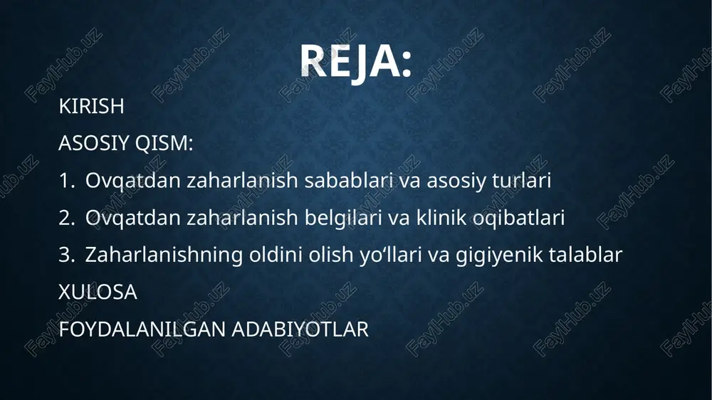 va tabiiy zaharli moddalar ta’sirida rivojlanadigan o‘tkir sindromdir. etiologik jihatdan holatlar uch katta guruhga ajratiladi: biologik omillar (bakteriya, virus, parazit va zamburug‘ toksinlari), kimyoviy omillar (og‘ir metallar, pestitsidlar, nitrit-nitratlar, biogen aminlar) va fizik-kimyoviy sharoitga bog‘liq kontaminatsiya (kesishgan ifloslanish, harorat va vaqt rejimi buzilishi). bakterial kelib chiqishda uchta mexanizm farqlanadi. infeksiya holatida patogen ichakda ko‘payib, invaziv yallig‘lanish chaqiradi; tipik agentlar sifatida salmonella va campylobacter ko‘riladi. intoksikatsiyada tayyor ovqatda oldindan hosil bo‘lgan toksinlar iste’mol qilinadi; staphylococcus aureus ning issiqqa chidamli enterotoksinlari va bacillus cereus ning emetik fraksiyasi klassik misoldir. toksin-bilan vositachilik qiluvchi mexanizmda bakteriya oz miqdorda tushib, ichakda toksin hosil qiladi; enterotoksigen e. coli va clostridium perfringens ushbu turga kiradi. xom yoki yetarli pishirilmagan go‘sht, tuxum, sut mahsulotlari va tayyor taomlarning noto‘g‘ri sovutilishi asosiy xavf manbalaridir. virusli gastroenteritlar ko‘pincha feko-oral yo‘l bilan yuqadi va past infeksion dozaga ega; norovirus va rotavirus eng ko‘p uchraydi. bu turlar odatda qisqa inkubatsiya, ko‘p hollarda o‘z-o‘zidan …