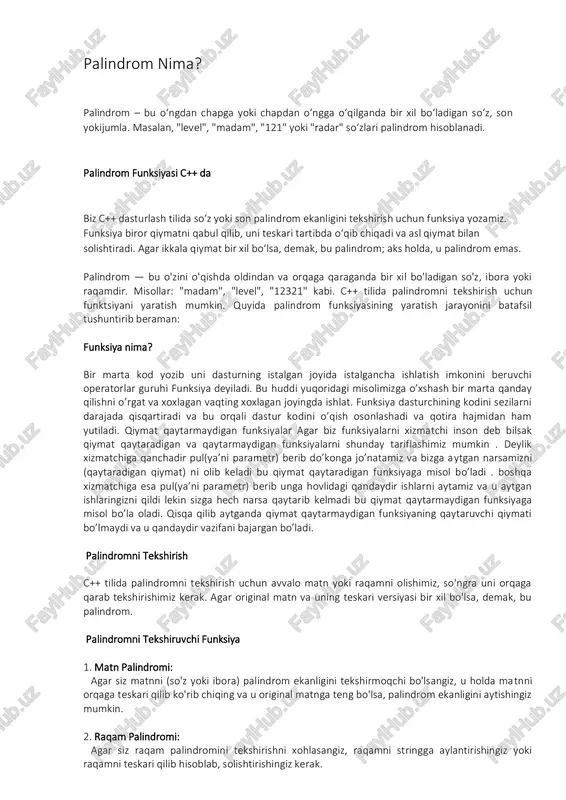 izga hech narsa qaytarib kelmadi bu qiymat qaytarmaydigan funksiyaga misol bo’la oladi. qisqa qilib aytganda qiymat qaytarmaydigan funksiyaning qaytaruvchi qiymati bo’lmaydi va u qandaydir vazifani bajargan bo’ladi. palindromni tekshirish c++ tilida palindromni tekshirish uchun avvalo matn yoki raqamni olishimiz, so'ngra uni orqaga qarab tekshirishimiz kerak. agar original matn va uning teskari versiyasi bir xil bo'lsa, demak, bu palindrom. palindromni tekshiruvchi funksiya 1. matn palindromi: agar siz matnni (so'z yoki ibora) palindrom ekanligini tekshirmoqchi bo'lsangiz, u holda matnni orqaga teskari qilib ko'rib chiqing va u original matnga teng bo'lsa, palindrom ekanligini aytishingiz mumkin. 2. raqam palindromi: agar siz raqam palindromini tekshirishni xohlasangiz, raqamni stringga aylantirishingiz yoki raqamni teskari qilib hisoblab, solishtirishingiz kerak. c++ kodi: #include #include using namespace std; // funksiya matnni palindromligini tekshiradi bool ispalindrome(string str) { int start = 0; int end = str.length() - 1; // harflar kichik harfga aylantiriladi while (start > input; // matnni palindrommi yoki …