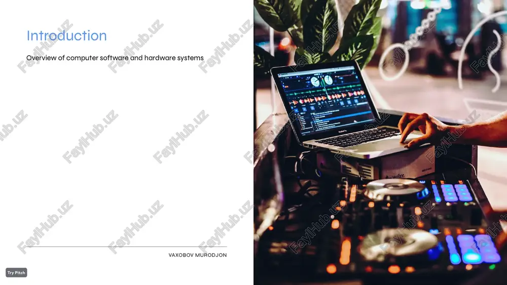 nstructions and performing calculations. gpu performance specialized hardware for rendering graphics and accelerating complex calculations. vaxobov murodjon https://pitch.com/?utm_medium=product-presentation&utm_source=pdf_export&utm_campaign=bottom_bar_cta&utm_content=8a8c63c0-46cf-4661-b1b2-2d0a078cdf08&utm_term=pdf-pptx-lastslide&ad_group=control memory and storage understand different types of memory and storage devices vaxobov murodjon https://pitch.com/?utm_medium=product-presentation&utm_source=pdf_export&utm_campaign=bottom_bar_cta&utm_content=8a8c63c0-46cf-4661-b1b2-2d0a078cdf08&utm_term=pdf-pptx-lastslide&ad_group=control networking types of computer networks and their functions vaxobov murodjon https://pitch.com/?utm_medium=product-presentation&utm_source=pdf_export&utm_campaign=bottom_bar_cta&utm_content=8a8c63c0-46cf-4661-b1b2-2d0a078cdf08&utm_term=pdf-pptx-lastslide&ad_group=control software lifecycle the software development process consists of several phases and methodologies that create a complete software product. these phases include requirements gathering, system design, coding, testing, and maintenance. each phase is crucial for the success of the project and follows specific methodologies such as waterfall, agile, or devops. vaxobov murodjon https://pitch.com/?utm_medium=product-presentation&utm_source=pdf_export&utm_campaign=bottom_bar_cta&utm_content=8a8c63c0-46cf-4661-b1b2-2d0a078cdf08&utm_term=pdf-pptx-lastslide&ad_group=control hardware maintenance tips for maintaining computer hardware systems vaxobov murodjon https://pitch.com/?utm_medium=product-presentation&utm_source=pdf_export&utm_campaign=bottom_bar_cta&utm_content=8a8c63c0-46cf-4661-b1b2-2d0a078cdf08&utm_term=pdf-pptx-lastslide&ad_group=control the future of computer software: 22 november 2023 presenter name 1. 2. 3. 4. 5. ai and machine learning integration: ai-driven software will become more prevalent, impacting various industries from healthcare to finance, automating tasks, an