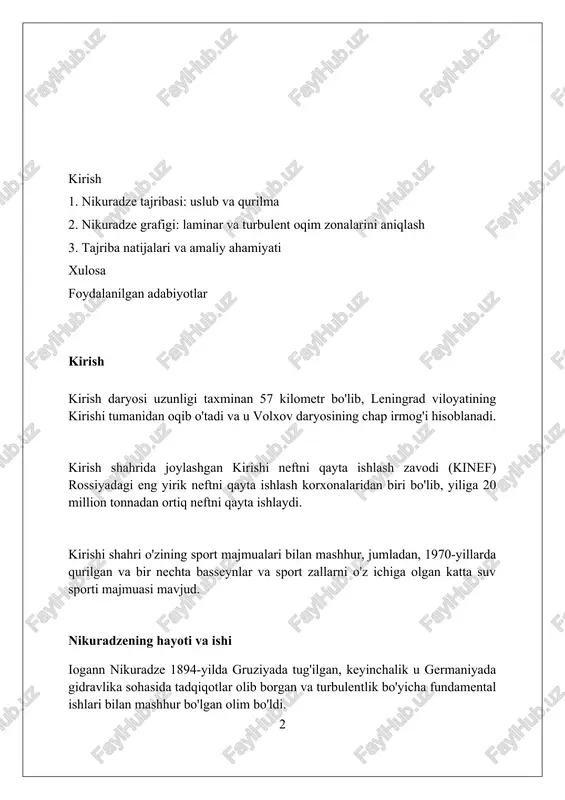 iba tartibi quvurlarning ichki sirtlarida turli xil nisbiy g'adir-budirlik (k/d) qiymatlarini yaratishdan iborat edi, bu esa laminar, o'tish va turbulent oqim zonalarining o'zgarishini kuzatishga imkon berdi. qum qo'polligining ahamiyati qum qo'polligi reynolds sonining kritik qiymatini o'zgartiradi, bu esa oqimning laminar holatdan turbulent holatga o'tishini tezlashtiradi, ayniqsa yuqori qo'polliklarda. qum qo'polligi devor yaqinidagi turbulentlikni kuchaytiradi, bu esa ishqalanish koeffitsientini oshiradi va quvurlarda bosimning pasayishiga olib keladi, nikuradzening tajribalarida aniq ko'rsatilgan. qo'pollikning o'lchamlari (k/d, nisbiy qo'pollik) oqim xarakteristikalariga ta'sir qiladi; katta k/d qiymatlari turbulentlikni kuchaytiradi, bu esa fanning reynolds soniga bog'liqligini kamaytiradi. o'lchash natijalari va ma'lumotlar nikuradzening tajribalarida, quvurlarning nisbiy g'arovligi (k/d) o'zgarishi bilan fanning ishqalanish omili (f) o'rtasidagi bog'liqlik aniq ko'rsatilgan, bu esa oqimning xarakterini belgilaydi. nikuradze tajribalarida reynolds soni (re) 4000 dan past bo'lganda, oqim laminar bo'ladi va g'arovlik ishqalanish omiliga sezilarli ta'sir ko'rsatmaydi, bu esa oqim rejimini aniqlashga yordam beradi. nikuradze ma'lumotlari ishqalanish omili (f) reynolds soni (re) va …