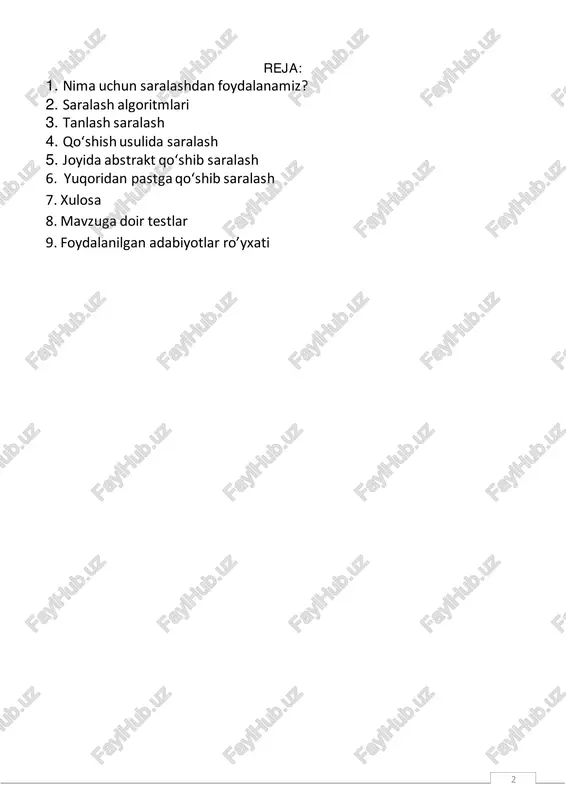 asturda, turli xil darajalarda bo‘lgan grafik obyektlarni vizual berkitishni bajarishda, dastlab ushbu obyektlarni chiqish tartibini o‘rnatish uchun obyektlarni “pastdan tepaga” darajalari bo‘yicha saralash kerak bo‘ladi. 3) saralash algoritmlarning ko‘plab turli xil texnologiyalar qo‘llaniladigan turlari mavjud. algoritmlarni saralashda turli xil algoritm sinflariga qo‘llaniladigan juda ko‘p muhim usullardan foydalaniladi. 4) algoritmlarni saralash jarayonini amalga oshirishda oldingi qatorga juda ko‘plab amaliy muammolar chiqadi. ko‘plab saralash dasturi ishlab chiquvchilarni tanlash shu yoki boshqa vaziyatlarda juda ko‘p faktlarga bo‘g‘liq bo‘lishi mumkin. juda ko‘p shunga o‘xshash masalalar hal qilishda “kodlarni sozlash” dan ko‘ra “algoritmlar” darajasidan foydalanish maqsadga muvofiqdir. 4 2. saralash algoritmlari. o‘sish yoki kamayish tartibida to‘plam elementlarini tartiblangan saralash deyiladi. tartiblangan elementlar bilan ishlash tartibsiz joylashgan elementlardan ko‘ra qulayroq: kerakli elementlarni yengil topish, olib tashlash, yangilarini qo‘yish mumkin. saralash algoritmlarini quyidagi guruhlarga ajratish mumkin (1-chizma): odatda saralanayotgan to‘plam elementlari yozuvlar deyiladi va ko‘rinishida yoziladi. 4 saralashlar turlicha algoritmlar bajarilsa-da, yagona natijalarga olib keladi. ammo saralashlar …