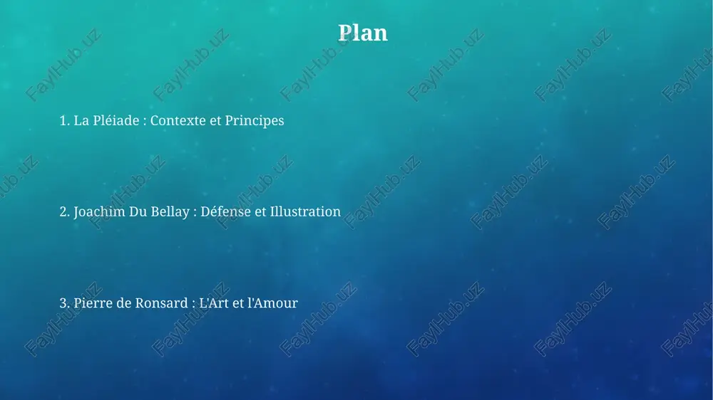 nclusion : impact et postérité l'influence de la pléiade se manifeste au xviie siècle, avec une emphase sur la clarté et la régularité classique, remodelant la poésie selon des normes plus structurées. leur revendication de la langue française, initiée vers 1549, a contribué à l'établissement du français moderne, surpassant l'usage exclusif du latin savant. merci pour votre attention image3.png image4.jpg image5.jpg image6.jpg image7.jpg image8.jpg image9.jpg