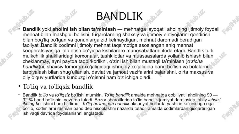 on manfaatlariga eng muvofiq kelishi jihatlaridan tavsiflash mumkin. toʻliq bandlik bandlikni miqdor jihatdan, samarali bandlik esa sifat jihatdan tavsiflaydi. mehnat bozorida talab va taklif oʻrtasidagi muvozanatning boʻlmasligi hamisha toʻliq va samarali bandlikka sharoit qoldirmaydi. agar taklif talabdan ortib ketsa, albatta ishsizlik paydo boʻladi, talab taklifdan va real ehtiyojlardan ortib ketgan sharoitlarda esa yashirin ishsizlik kelib chiqadi. bandlik va ishsizlikni, ularni kerakli darajada saqlab turish maqsadlarida tartibga solishning asosiy mexanizmi bandlik xizmati ishini tashkil etish, kasbga tayyorlash va kasbga yoʻnaltirish hisoblanadi. ahilining ish bilan bandlik darajasi iqtisodiyotni erkinlashtirish sharoitida davlat aholini ish bilan ta’minlash va ishsizlikni bartaraf etish bo’yicha izchil ijtimoiy-iqtisodiy siyosat olib boradi. chunki ish bilan bandlikni oshirish milliy iqtisodiyotni rivojlantirish, aholi turmush darajasini oshirish va yuksak taraqqiy etgan mamlakatlar qatoriga qo’shilishning muhim omili hisoblanadi. ish bilan bandlik sohasida davlat siyosatining yuritilishi o’zbekistonda amalga oshirilayotgan islohotlarning asosiy ijtimoiy vazifalaridan biridir. o’zbekistonda aholini ish bilan ta’minlash sohasidagi davlat siyosati quyidagi tamoyillarga …