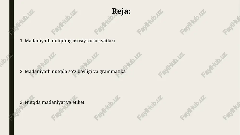atdan 10/10 bo'lishi kerak. ravshanlik tinglovchilar 90% ma'lumotni birinchi tinglashda tushunishini anglatadi. murakkab terminlar o'rniga sodda, tushunarli 7 ta so'z ishlatish kerak. mantiqiy tuzilish mantiqiy tuzilish nutqda fikrlarning 1-dan 2-darajali bo'lishini anglatadi, har bir keyingi fikr oldingisidan kelib chiqishi, 3-4 ta asosiy argument bilan isbotlanishi kerak. mantiqiy tuzilishda xulosalar 5 ta asosiy fakt asosida shakllantiriladi, 6-7 ta taxminga emas. bu nutqning aniqligini oshiradi va 8-9 ta noaniqlikdan qochishga yordam beradi. muvofiqlik “muvofiqlik” nutqda so'zlashuvchining tinglovchilar bilan aloqasini mustahkamlaydi, xususan, maqsadli auditoriyaning 75% ini qamrab olgan holda, ularning qiziqishlarini hisobga oladi. muvofiq nutq 90% hollarda mantiqiy izchillikka ega bo'lib, unda dalillar o'rtasidagi bog'liqlik aniq ko'rsatiladi, natijada tinglovchilar xotirasida yaxshi saqlanib qoladi. xushmuomalalik xushmuomalalik – bu 7 xil odob qoidalariga rioya qilish, jumladan, salomlashishda 3 soniyadan ko'p to'xtalib qolmaslik va o'zgalar bilan 1 metrdan yaqin masofada turmaslikdir. xushmuomalalik 5 ta asosiy elementdan iborat: hurmat, e'tibor, muloyimlik, sabr-toqat va 90% holatlarda bahslardan qochish, …