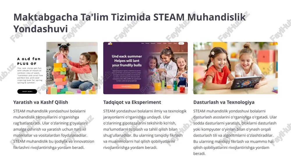 qilish, hal qilish usullarini topish va echimlarni amalga oshirish uchun ijodiy yondashuvni o'rgatadi. bu bolalarni muammolarga o'ziga xos yondashuv bilan yechim topishga o'rgatadi. ijodkorlik va innovatsion fikrlashni rag'batlantirish steam yondashuvi bolalarga fikrlashni va yangi g'oyalarni yaratishni o'rgatishga qaratilgan. bu ularni o'ziga xos qarash bilan dunyoni ko'rishga, o'z g'oyalarini amalga oshirishga rag'batlantiradi. 3 muhandislik ko'nikmalarini rivojlantirishning ahamiyati 1 muammolarni hal qilish muhandislik ko'nikmalari bolalarga o'zlarini o'rab turgan dunyoni tushunishga yordam beradi. ular muammolarni aniqlash, echimlarni topish va o'z g'oyalarini sinovdan o'tkazishga o'rganadilar. bu ularning muammolarni hal qilish qobiliyatini rivojlantiradi. 2 ijodiylik va xayolot muhandislik bolalarda ijodiylikni va xayolotni rivojlantiradi. ular o'zlarining g'oyalarini amalga oshirish uchun turli xil materiallar va usullardan foydalanishga o'rganadilar. bu ularning ijodiy fikrlash qobiliyatini oshiradi. 3 ishlab chiqarish va qurish muhandislik ko'nikmalari bolalarga o'zlarining g'oyalarini ishlab chiqarishga va qurishga yordam beradi. ular loyihalarni rejalashtirish, qurish va sinovdan o'tkazishga o'rganadilar. bu ularning amaliy ko'nikmalarini rivojlantiradi. 4 tanqidiy fikrlash muhandislikda …