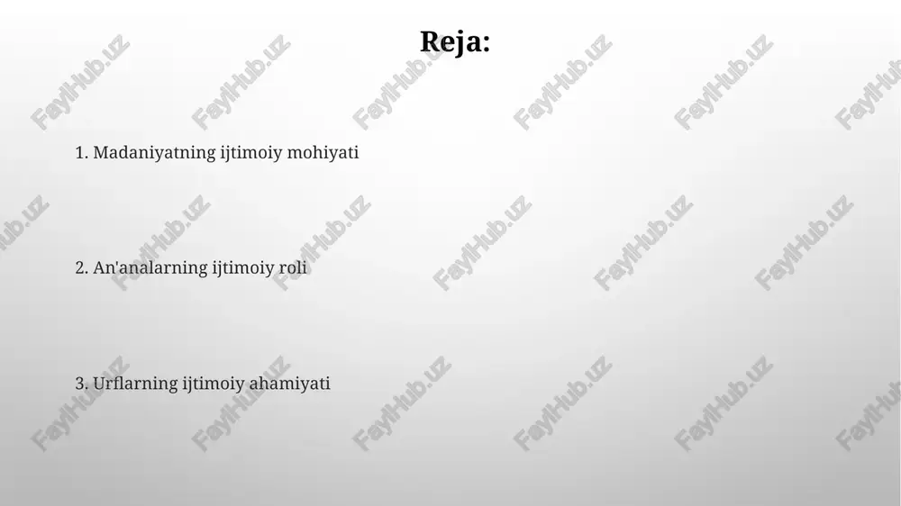 aliyotlardir. traditsiyalar, masalan navro'z bayrami kabi, madaniyatning 3 muhim elementi bo'lib, urflar esa shu bayramni nishonlashdagi 4 ta odatlar, sumalak tayyorlash kabi, amaliy ko'rinishidir. ijtimoiy institutlar va madaniyatning shakllanishi ijtimoiy institutlar, masalan, oilalar, ta'lim va din, madaniyatni yaratishda muhim rol o'ynaydi, uzoq muddatli qiymatlarni singdirib, madaniy me'yorlarni 1-avloddan 2-avlodga o'tkazadi. madaniyatning shakllanishi ijtimoiy institutlar bilan chambarchas bog'liq bo'lib, ular 5-umumiy qiymatlar, e'tiqodlar va amaliyotlarni tartibga soluvchi va saqlaydigan asos bo'lib xizmat qiladi. madaniyatning ijtimoiy funksiyalari madaniyat, ijtimoiy integratsiyaning muhim vositasi sifatida, 1) umumiy qadriyatlar orqali birlashuvni ta'minlaydi, 2) shaxsiy identifikatsiyani shakllantiradi, 3) ijtimoiy barqarorlikni mustahkamlaydi, shu bilan jamiyat a'zolarini birlashtiradi. madaniyat, 1) ijtimoiy nazoratni o'rnatishda muhim rol o'ynaydi, 2) axloqiy me'yorlar va qadriyatlarni singdiradi, 3) xulq-atvorni tartibga soladi, shu bilan jamiyatdagi tartibni ta'minlashga xizmat qiladi. traditsiyalarning ijtimoiy ahamiyati traditsiyalar avloddan avlodga uzatiladigan ijtimoiy xatti-harakatlar, qadriyatlar va bilimlarni o'z ichiga oladi, shu orqali jamoalar o'z identifikatorini 25-35 yil oralig'ida saqlab qoladi. …