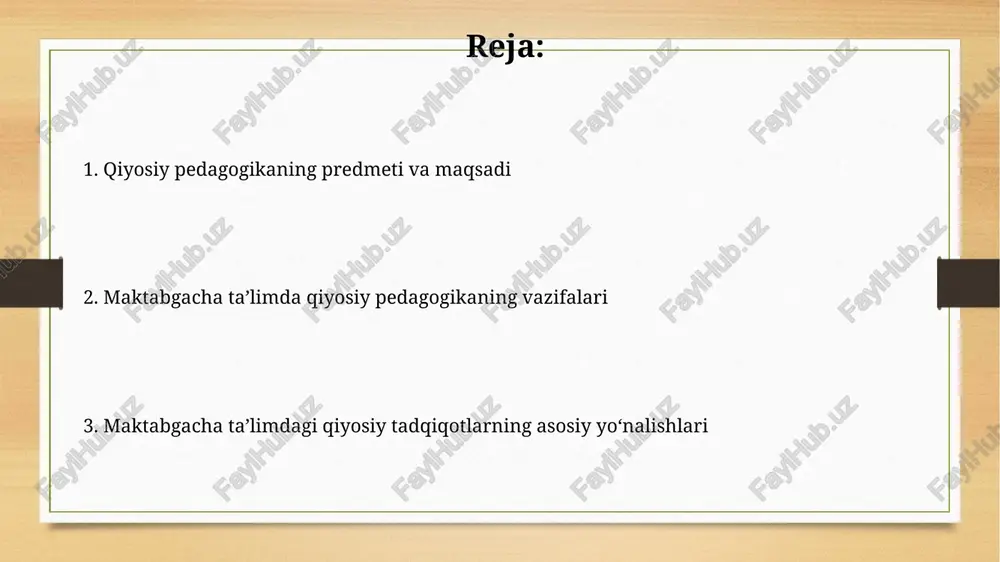 ti 3-7 yoshli bolalarning turli mamlakatlardagi maktabgacha ta'lim tizimlarida o'qitish metodlari va dasturlari o'zaro taqqoslash hisoblanadi. o'rganish obyekti maktabgacha yoshdagi bolalarga ta'lim berishning milliy xususiyatlari va an'analari, shuningdek, ularning umuminsoniy qadriyatlar bilan uyg'unligi masalasidir. taqqoslash pedagogikasining asosiy tushunchalari qiyosiy pedagogikaning asosiy tushunchalaridan biri - 'ta'lim tizimi', u muayyan mamlakatdagi barcha ta'lim muassasalarini o'z ichiga oladi va 5-7 yoshgacha bo'lgan bolalar uchun muhim. taqqoslash pedagogikasida 'ta'lim siyosati' tushunchasi muhim, chunki u davlatning ta'lim sohasidagi maqsadlarini va 3-6 yoshdagi bolalar ta'limiga yo'naltirilgan asosiy qoidalarini belgilaydi. taqqoslash pedagogikasining metodologik asoslari qiyosiy pedagogikaning metodologik asosi 1: tarixiy-pedagogik tahlil usuli maktabgacha ta'limdagi o'zgarishlarni 19-20-asrlardagi tendensiyalar bilan solishtirib o'rganadi. qiyosiy pedagogikaning metodologik asosi 2: sistemali yondashuv maktabgacha ta'lim tizimini 5 ta asosiy komponent (maqsad, vazifa, mazmun, shakl, metod) orqali tahlil qiladi. maktabgacha ta'lim tizimlarining taqqoslash aspektlari maktabgacha ta'lim tizimlarini taqqoslashda bolalarning 3-6 yoshdagi kognitiv rivojlanish darajasini o'rganish muhim, bu esa o'quv dasturlarini optimallashtirishga yordam beradi. turli …
