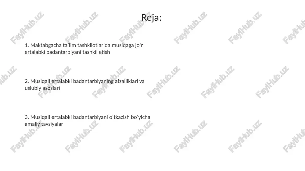 ar (1-2 daqiqa) kiritish foydalidir. bolalar bog'chasida erta tonggi badantarbiya uchun 5-7 daqiqalik, 6-8 ta mashqdan iborat musiqali komplekslar tuzish, har bir mashqni 4-6 marta takrorlash tavsiya etiladi. e'tiboringiz uchun rahmat image1.jpeg image2.jpeg