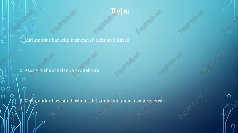 rda ibm ims kabi tizimlarda keng qo'llanilgan. relatsiyaviy dbmslar (rdbms), masalan, mysql, postgresql va oracle, ma'lumotlarni jadval shaklida saqlaydi, bunda har bir jadval o'zaro bog'langan ustunlar va qatorlardan iborat bo'ladi. e'tiboringiz uchun rahmat image1.png image2.png