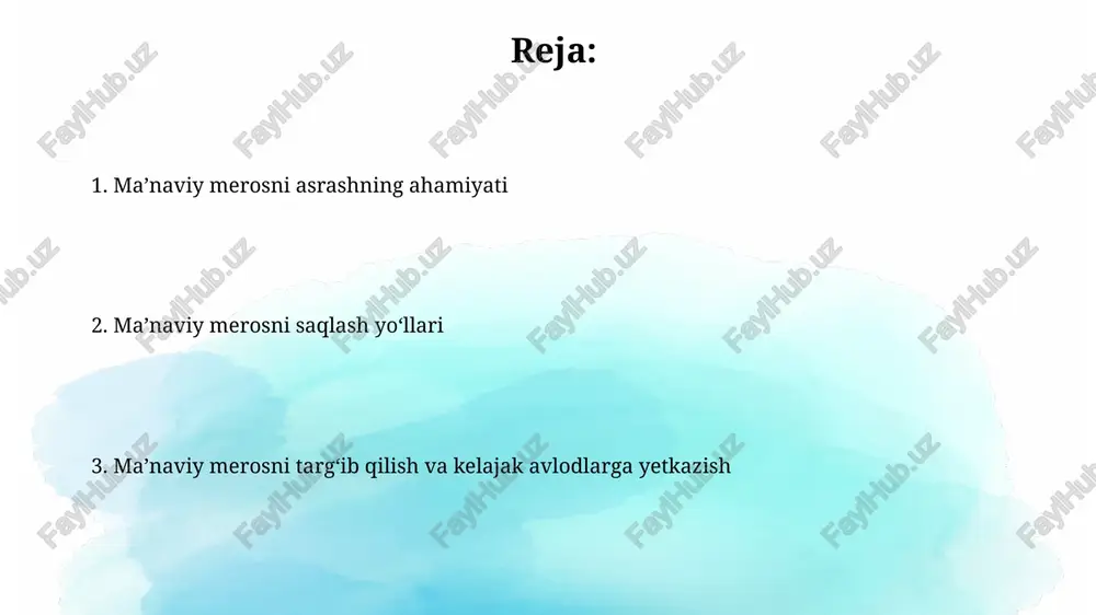 mlar va 100 dan ziyod an'analar ma'naviy merosning muhim qismi bo'lib, ular xalqning o'ziga xosligini aks ettiradi va avloddan-avlodga o'tadi. ma'naviy merosga tahdidlar globalizatsiya, ayniqsa ommaviy madaniyatning kirib kelishi, an’anaviy qadriyatlar va urf-odatlarni yo’qolib ketish xavfini tug’diradi, bu 20-asr oxiridan beri keskin oshgan. diniy ekstremizm va fundamentalizmning tarqalishi, tolerantlik va bag'rikenglik tamoyillariga zid ravishda, ma'naviy merosning ko'plab elementlarini yo'q qilishga urinishlar bilan bog'liq. merosni asrash bo'yicha davlat siyosati 2021-yilning 10-mayida qabul qilingan pf-6221-sonli farmon merosni muhofaza qilish sohasida davlat siyosatini tubdan takomillashtirishga qaratilgan. o'zbekiston respublikasi prezidentining 5847-sonli qarori 2019-yil 8-oktabrda moddiy madaniy meros ob'ektlarini saqlash bo'yicha ishlarni tartibga soladi. jamiyatning roli: biz nima qila olamiz? jamiyat milliy qadriyatlarni targ'ib qilish uchun 50 dan ortiq madaniy markazlarni tashkil etishi, yosh avlodni ma'naviy meros bilan tanishtirishi kerak. jamiyat 30% mablag'ni tarixiy obidalarni ta'mirlash va restavratsiya qilishga yo'naltirishi, shu bilan merosni saqlashni ta'minlashi muhim. ta'lim orqali merosni targ'ib qilish ta'lim orqali merosni targ'ib …