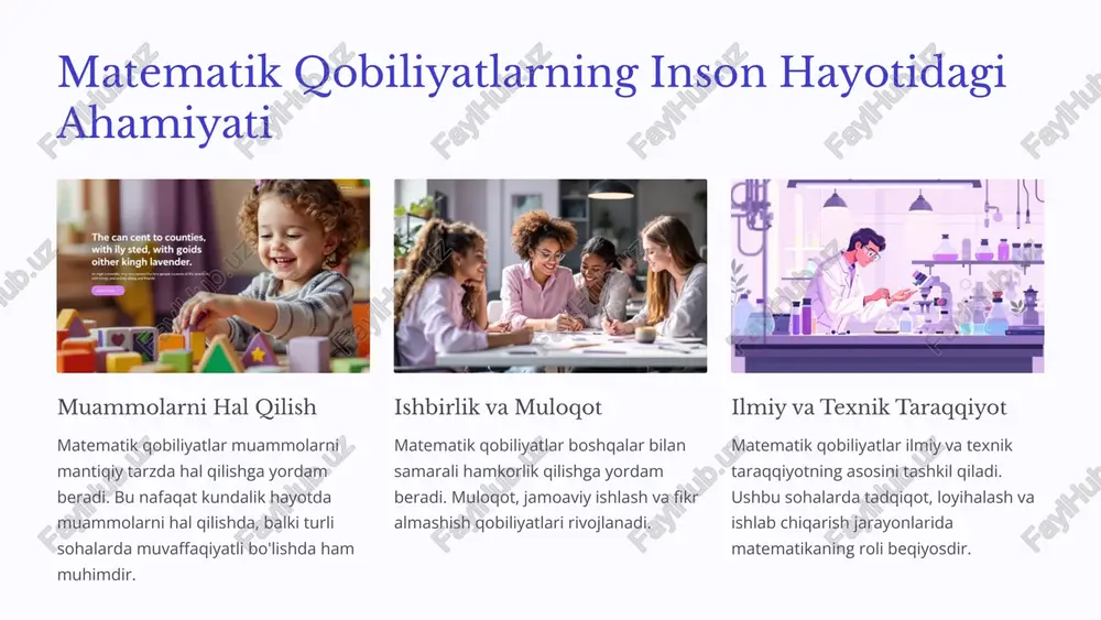 ni rivojlantirish usullari o'yinlar orqali rivojlantirish bolalar o'yin orqali yaxshiroq o'rganishadi. matematik o'yinlar hisoblash, shaklni tanib olish, namunalarni tushunish qobiliyatlarini rivojlantirishga yordam beradi. amaliy mashg'ulotlar amaliy mashg'ulotlar, masalan, blok bilan o'ynash, rasm chizish, haykal yasash, bolaga matematik tushunchalarni amalda qo'llashga imkon beradi. kitoblar va hikoyalar bolalarga matematik tushunchalarni o'rganishga yordam beruvchi kitoblar va hikoyalar ularning qiziqishini oshiradi va yangi bilimlarga ochib beradi. ta'lim muhitining ahamiyati bolalarni matematik muhitga jalb qilish, matematik o'yinchoqlar va materiallar bilan ta'minlash ularning qiziqishini oshiradi va matematik qobiliyatlarini rivojlantiradi. 4 maktabgacha ta'lim muassasalarida matematik ta'limning ahamiyati maktabgacha ta'limda matematik ta'lim bolaning kognitiv rivojlanishi uchun juda muhimdir. matematik tushunchalarni erta yoshda o'rgatish bolaning mantiqiy fikrlash, muammolarni hal qilish va analitik qobiliyatlarini rivojlantirishga yordam beradi. bu bolaning o'ziga ishonch, mustaqillik va muvaffaqiyatga erishish ehtimolini oshiradi. matematik ta'lim bolaning dunyo bilan o'zaro munosabatini rivojlantiradi. ular ob'ektlarni sonlash, tasniflash, shakllarni solishtirish va o'lchovlarni tushunish orqali atrof-muhitni o'rganishadi. bu esa ularning …