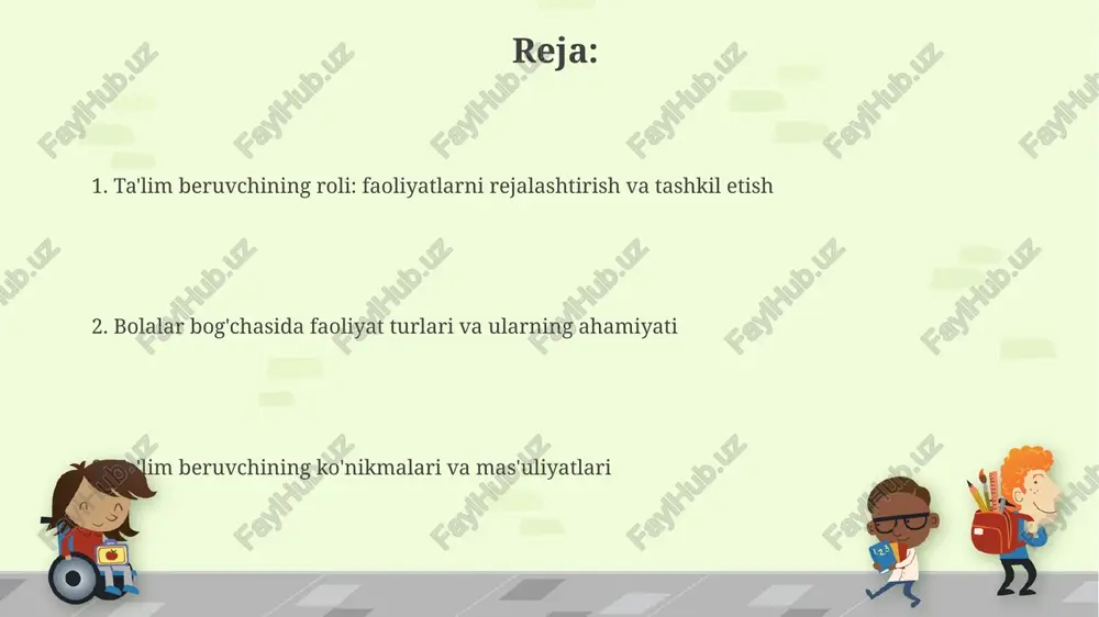 llanadi, masalan, rasm chizish yoki o'yin qurish. "loyiha asosidagi usul"da bolalar 1-2 hafta davomida bitta mavzuni chuqur o'rganadilar, bu davrda turli xil faoliyatlar (tadqiqot, ijod, o'yin) mavzuga yo'naltirilgan bo'ladi. resurslar va materiallar ta'lim resurslari 3-5 yoshli bolalar uchun o'yinchoqlar, kitoblar va musiqa asboblarini o'z ichiga oladi, ularning rivojlanishiga ko'maklashuvchi vositalarni qamrab oladi. materiallar tabiiy (barglar, toshlar) va qayta ishlangan (qutilar, matolar) bo'lishi mumkin. bu 2 xil tur bolalarning kreativligini 100% oshirishga yordam beradi. baholash va kuzatish baholash va kuzatish bolaning rivojlanishidagi o'zgarishlarni aniqlashga yordam beradi, bu esa 3-5 yoshdagi bolalarning kelajakdagi ta'lim dasturlarini moslashtirishga imkon beradi. kuzatuv natijalari, jumladan bolaning 4 asosiy rivojlanish sohasidagi (ijtimoiy, hissiy, kognitiv, jismoniy) ko'rsatkichlari, ota-onalarga muntazam ravishda taqdim etiladi. muammolar va yechimlar muammolarni hal qilishda, 5-6 yoshli bolalarga mos keladigan o'yinlar, ijodiy mashg'ulotlar va loyihalar muhim rol o'ynaydi, ularning kognitiv rivojlanishini rag'batlantiradi. bolalar bog'chasida muammolarni hal qilish ko'nikmalarini o'rgatish uchun, 3 bosqichli usul qo'llaniladi: muammoni …