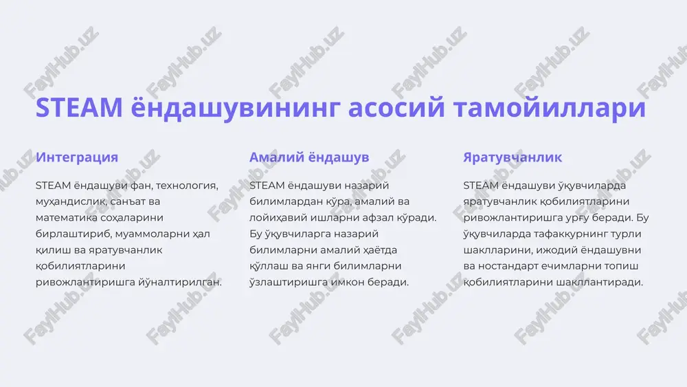 hilarda rivojlanadigan ko'nikmalar 1 muammolarni hal qilish 2 ijodiy tafakkur 3 muloqot 4 jamoada ishlash 5 texnologik ko'nikmalar 5 multstudiya loyihalarining namuna turlarini namoyish etish 6 multstudiya loyihalarini baholash mezonlari 1 ijodiylik multfilmning g'oyasi va stsenariysining o'ziga xos xususiyatlari 2 texnik bajarish animatsiya sifati, o'tish effekti, ovoz va musiqa bilan sinxronlash 3 mazmun multfilmning ta'limiy va tarbiyaviy ahamiyati, muammolarni hal etish, qiziqarlilik 7 multstudiya, steam ta'lim modulining samarali tatbiq etish bo'yicha xulosa va tavsiyalar multstudiya steam ta'lim moduli sifatida o'quvchilarda yaratuvchanlik, muloqot va muammolarni hal qilish qobiliyatlarini rivojlantirishga imkon beradi. steam yondashuvining asosiy tamoyillari o'quv jarayonini qiziqarli, amaliy va samarali qilishga yordam beradi. 8 image1.png image2.png image3.png image4.png image5.png image6.png image7.png image8.png image9.png image10.png image11.png image12.png image13.png image14.png image15.png image16.png image17.png image18.png
