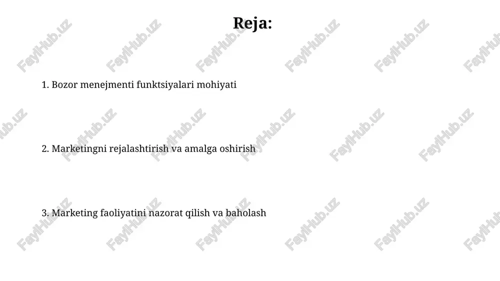 ul qilinadigan narxi (150 000 so'm atrofida). narx belgilashning 5 asosiy strategiyasi mavjud: premium narx (xarajatlardan 25% yuqori), tejamkor narx (xarajatlar bilan bir xil), raqobat narxi (raqobatchilar bilan teng), penetratsiya narxi (xarajatlardan 10% past) va skimming narxi (xarajatlardan 50% yuqori). distributsiya kanallari distribyutsiya kanallari mahsulot yoki xizmatni ishlab chiqaruvchidan iste'molchiga yetkazish uchun ishlatiladigan vositachilar zanjiridir, ularning soni 1 dan ortiq bo'lishi mumkin. kanal tanlashda xarajatlar, qamrov, nazorat va moslashuvchanlik kabi omillarni hisobga olish kerak, chunki optimal kanal arzon, keng qamrovli va moslashuvchan bo'lishi kerak. marketing kommunikatsiyalari (promo) marketing kommunikatsiyalari brend xabardorligini oshirish, mijozlar jalb qilish va sotuvni rag'batlantirish uchun reklama, jamoatchilik bilan aloqalar va to'g'ridan-to'g'ri marketing kabi 5 asosiy usullarni o'z ichiga oladi. promo-aksiyalar, 20% chegirmalar yoki "2 ta narxga 3 ta" takliflari kabi, xaridorlarni mahsulot yoki xizmatni sotib olishga undashga qaratilgan va qisqa muddatli sotuvni oshirish uchun mo'ljallangan taktikalar hisoblanadi. marketing byudjetini boshqarish marketing byudjeti xarajatlarni aniq prognoz qilish, …