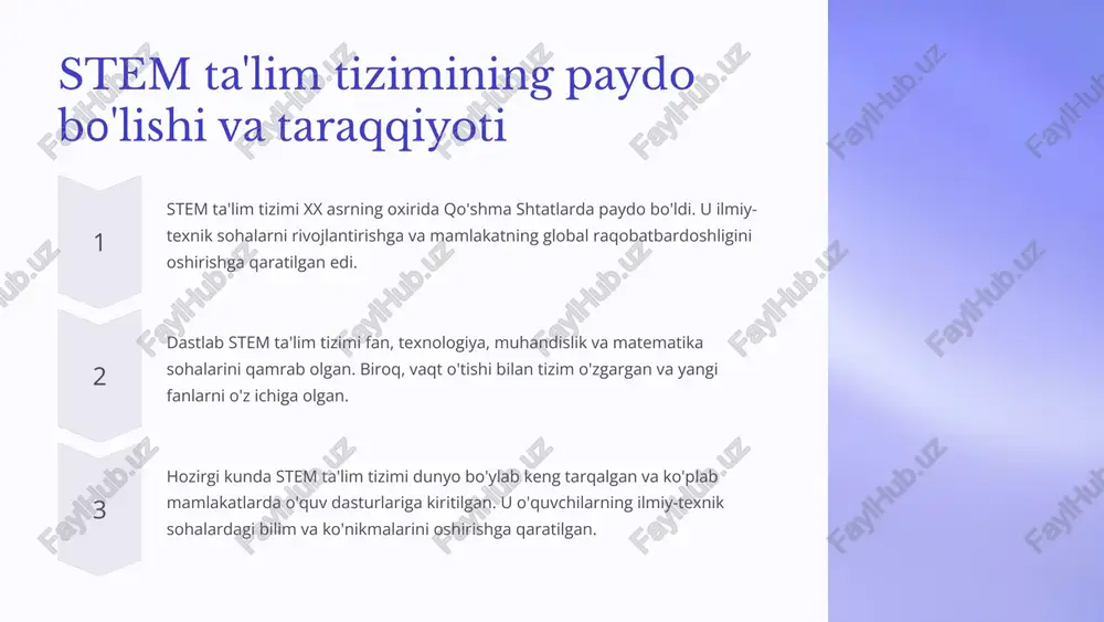 ammolarni birgalikda hal qilishadi. 3 stem ta'lim tizimining qo'llanilish sohalari ta'lim muassasalari stem ta'lim tizimi maktabgacha ta'lim muassasalaridan oliy o'quv yurtlarigacha bo'lgan barcha ta'lim darajalarida qo'llanilishi mumkin. u o'quvchilarga fan, texnologiya, muhandislik va matematika sohalarini chuqur o'rganish imkoniyatini yaratadi. maktablarda stem dasturlari orqali o'quvchilar amaliy loyihalarni amalga oshirishlari, ilmiy tadqiqotlar olib borishlari mumkin. ilmiy-tadqiqot institutlari stem ta'lim tizimi ilmiy tadqiqot institutlarida ham muhim rol o'ynaydi. ilmiy tadqiqotlarni amalga oshirish uchun muhandislik, texnologiya va matematika bilimlari zarur. ilmiy-tadqiqot institutlarida stem ta'lim tizimi zamonaviy texnologiyalar bilan ishlash ko'nikmalarini rivojlantirishga yordam beradi. 4 stem ta'lim tizimining afzalliklari 1 1. integratsiyalashgan yondashuv stem ta'lim tizimi fanlarni birlashtirib, ularning bir-biriga bog'liqligini ko'rsatadi. bu talabalarda chuqurroq tushuncha va ko'p qirrali fikrlashni rivojlantiradi. 2 2. amaliy ko'nikmalarni rivojlantirish stem ta'lim tizimi nazariy bilimlarni amaliy ishlatishga urg'u beradi. bu talabalarda muammolarni hal qilish, loyihalarni amalga oshirish va innovatsion yondashuvlarni yaratish ko'nikmalarini rivojlantiradi. 3 3. ishga joylashish imkoniyatlarini kengaytirish …