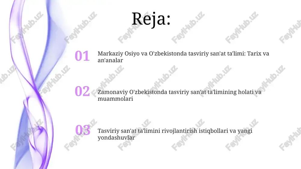 r va istiqbollar unesco bilan hamkorlikda milliy hunarmandchilikni qo'llab-quvvatlash bo'yicha loyihalar amalga oshirilmoqda, 500 dan ortiq hunarmandning mahoratini oshirishga yordam beradi. bolalar musiqa va san'at maktablarining soni ortib, 2023-yilda 320 taga yetdi, bu esa yosh avlodning ijodiy rivojlanishi uchun imkoniyatlarni kengaytiradi. o'qitish uslublari va yondashuvlar san'at ta'limida 21-asr ko'nikmalarini rivojlantirish uchun loyihaga asoslangan o'qitish (project-based learning) uslubi samarali hisoblanadi, bu o'quvchilarning ijodiy qobiliyatini oshiradi. interfaol metodlar, jumladan, 'muammoli ta'lim' (problem-based learning) orqali talabalar real muammolarni hal qilish orqali san'atning 3 asosiy elementini chuqur o'rganadilar. xalqaro hamkorlik va tajriba almashish unesco bilan hamkorlikda 2021-2023 yillarda madaniy merosni saqlash bo'yicha tajriba almashildi, 15 nafar o'qituvchi malaka oshirdi. turkiya, qozog'iston bilan 5 ta qo'shma loyiha amalga oshirildi, unda 30 dan ortiq talaba va o'qituvchi ishtirok etdi, 2 ta ko'rgazma tashkil etildi. e'tiboringiz uchun rahmat image4.png image5.jpg image6.jpg image7.jpg image8.jpg image9.jpg image10.jpg image11.jpg image1.jpeg image2.jpeg image3.jpeg