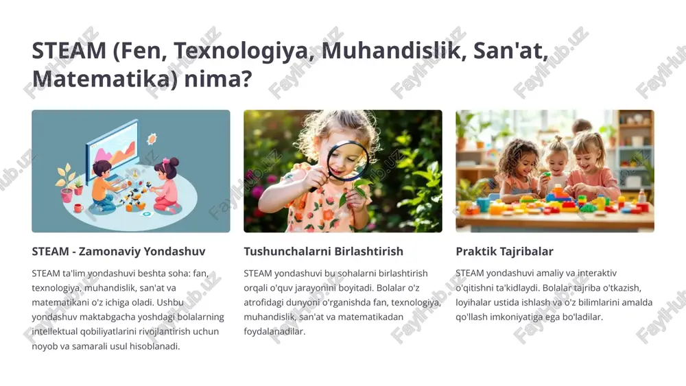 uvi bolalarga turli sohalar, jumladan fan, texnologiya, san'at va matematikadagi bilim va ko'nikmalarni rivojlantirishga imkon beradi. 3 ijodkorlikni rivojlantirish steam yondashuvi bolalarga o'z fikrlarini erkin ifoda etishga, yangi g'oyalarni yaratishga va muammolarni hal qilishga imkon beradi. 3 steam yondashuvining afzalliklari ijodiylik va muammo hal qilish qobiliyatini rivojlantirish steam yondashuvi bolalarda muammoli vaziyatlarni tahlil qilish va ularga ijodiy yechimlar topish qobiliyatini rivojlantiradi. ular o'zlarining fikrlarini ifoda etish, g'oyalarni amalga oshirish va turli xil materiallar bilan ishlashni o'rganadilar. kritik fikrlash va mantiqiy mulohaza yurita olish steam bolalarni atrof-muhitni o'rganish, kuzatish va tahlil qilishga undaydi. ular o'zlarining kuzatuvlariga asoslangan xulosalar chiqarish va mantiqiy fikrlashni o'rganadilar. bu ularga hayotning turli sohalarida samarali mulohazalar yurita olish imkonini beradi. 4 steam mashg'ulotlari uchun ideal muhit yaratish steam mashg'ulotlari uchun ideal muhit yaratish bolalarning ijodiy va intellektual rivojlanishiga katta ta'sir ko'rsatadi. buning uchun bolalar uchun xavfsiz, qulay va ilhomlantiruvchi muhit kerak. xonaning yorug'ligi, havo aylanishi, ranglar palitrasi, …