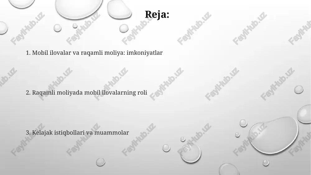 i, shuningdek, kriptovalyutalar va defi platformalari orqali yangi moliyaviy imkoniyatlar yaratiladi. sun'iy intellekt (ai) algoritmlari shaxsiy moliyaviy maslahatlar berish, kredit risklarini baholash va firibgarlikni aniqlashda muhim rol o'ynaydi hamda xizmatlarni optimallashtiradi. e'tiboringiz uchun rahmat image3.png image1.png image2.png